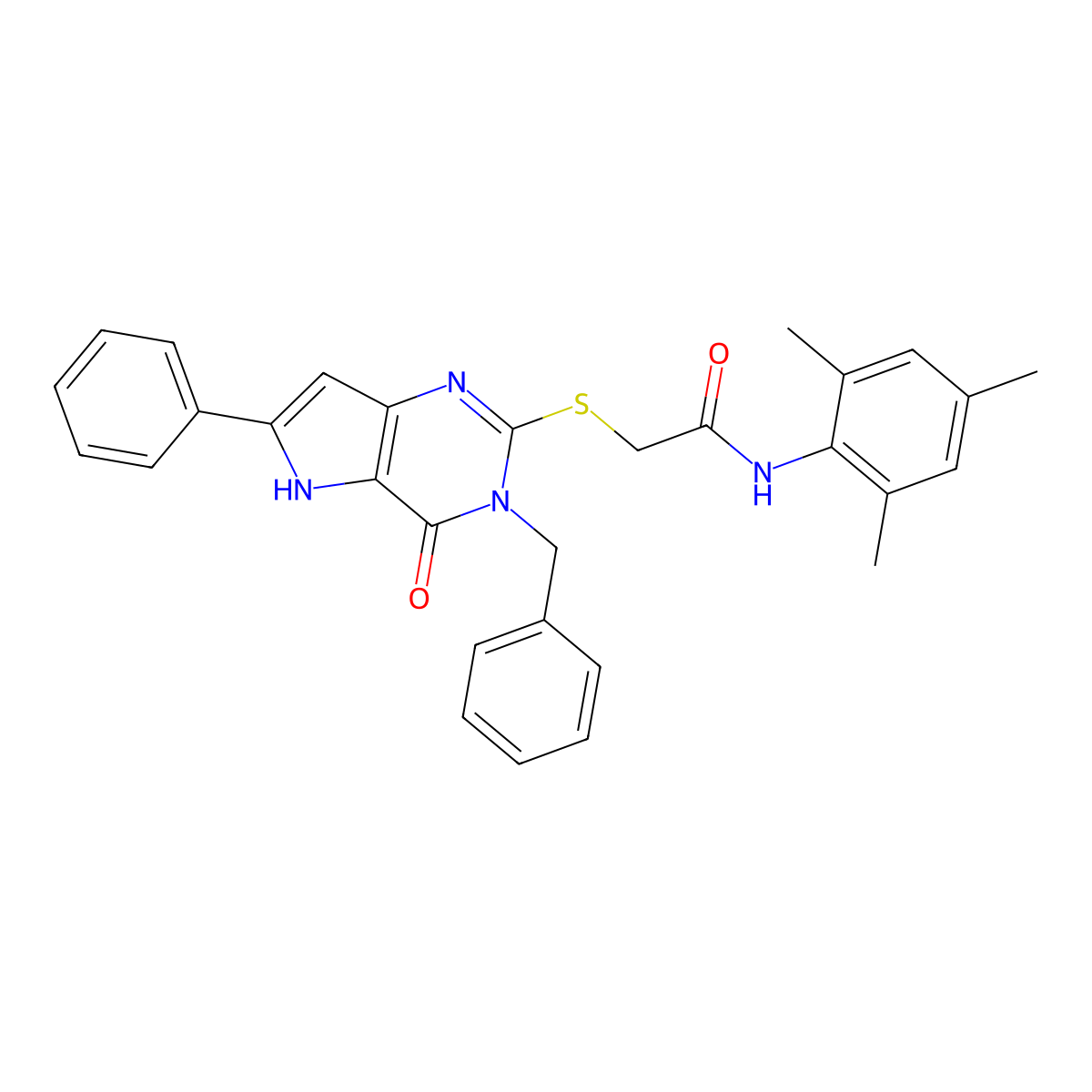 2-((3-benzyl-4-oxo-6-phenyl-4,5-dihydro-3H-pyrrolo[3,2-d]pyrimidin-2-yl)thio)-N-mesitylacetamide molecular structure, CAS 1115286-53-7