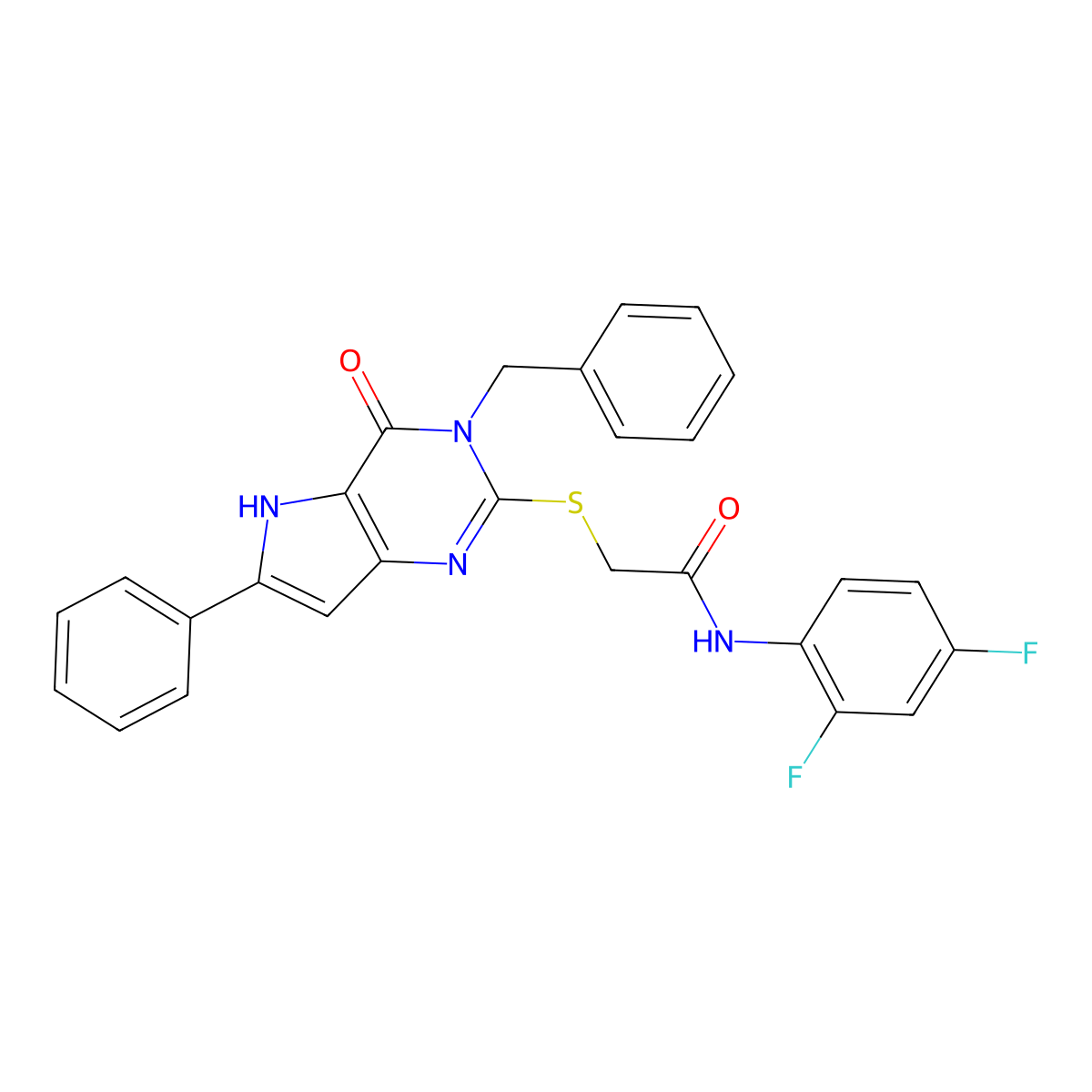 2-((3-benzyl-4-oxo-6-phenyl-4,5-dihydro-3H-pyrrolo[3,2-d]pyrimidin-2-yl)thio)-N-(2,4-difluorophenyl)acetamide molecular structure, CAS 1115286-58-2