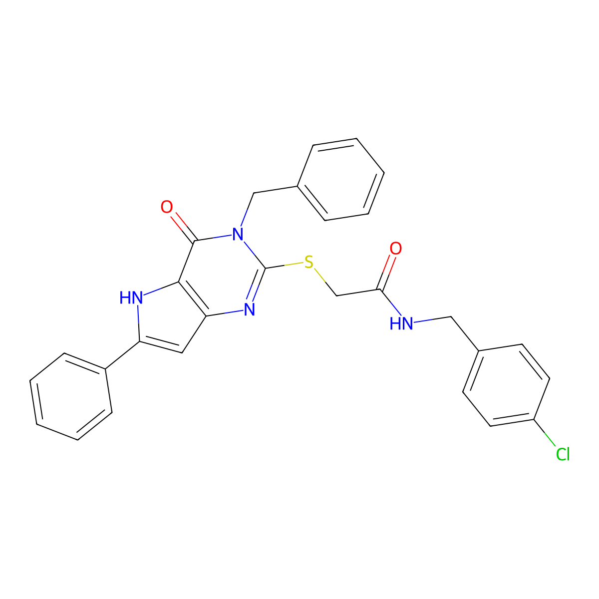 2-({3-benzyl-4-oxo-6-phenyl-3H,4H,5H-pyrrolo[3,2-d]pyrimidin-2-yl}sulfanyl)-N-[(4-chlorophenyl)methyl]acetamide molecular structure, CAS 1115286-67-3