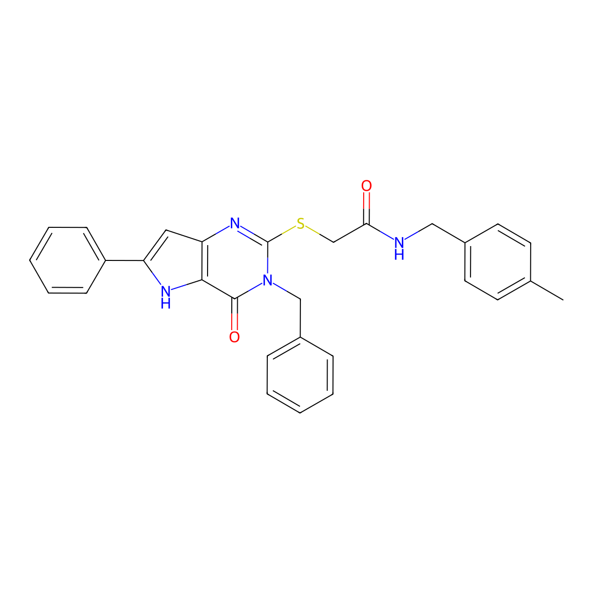 2-({3-benzyl-4-oxo-6-phenyl-3H,4H,5H-pyrrolo[3,2-d]pyrimidin-2-yl}sulfanyl)-N-[(4-methylphenyl)methyl]acetamide molecular structure, CAS 1115286-72-0