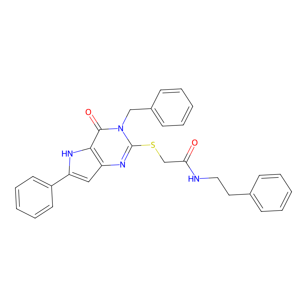 2-((3-benzyl-4-oxo-6-phenyl-4,5-dihydro-3H-pyrrolo[3,2-d]pyrimidin-2-yl)thio)-N-phenethylacetamide molecular structure, CAS 1115286-74-2