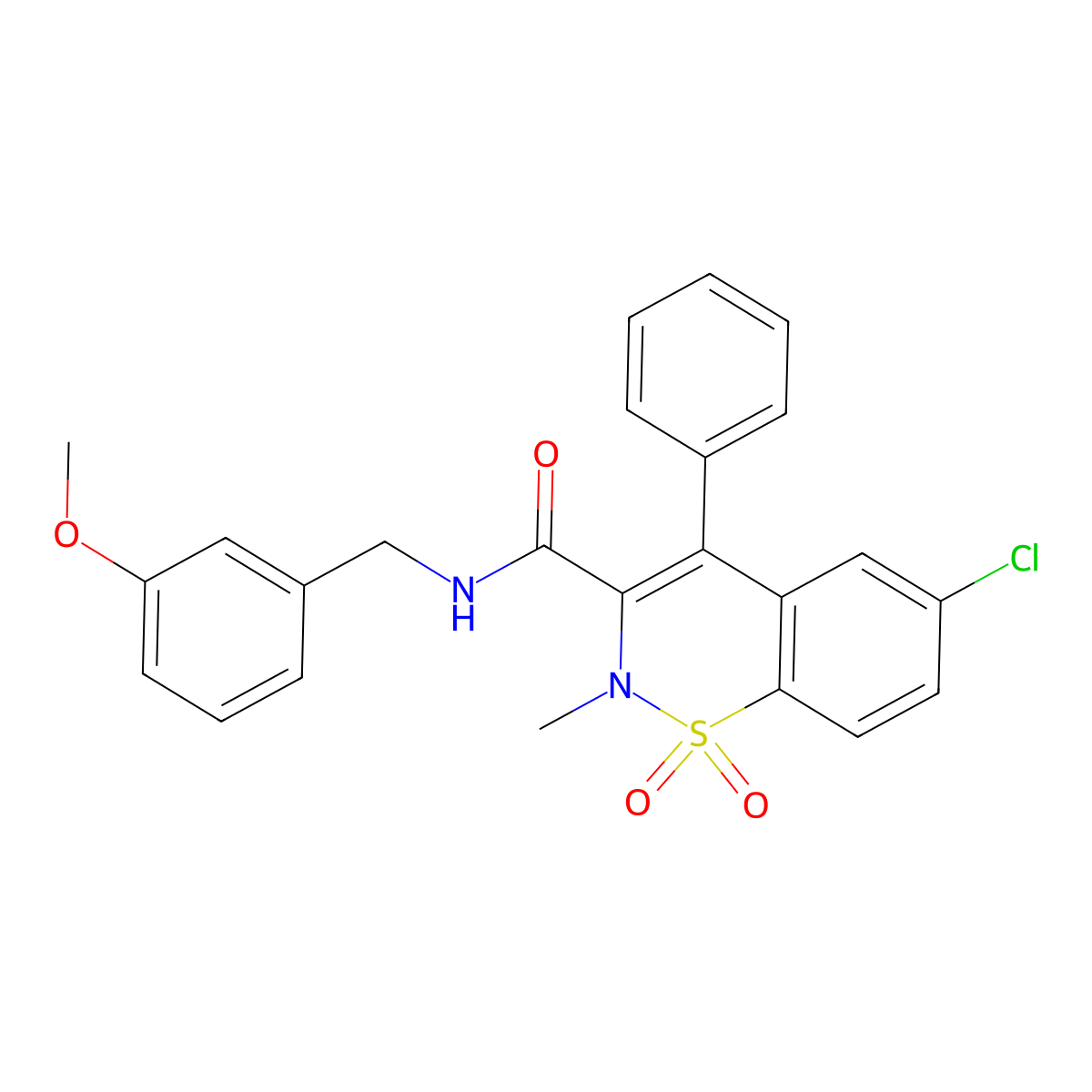 6-chloro-N-(3-methoxybenzyl)-2-methyl-4-phenyl-2H-1,2-benzothiazine-3-carboxamide 1,1-dioxide molecular structure, CAS 1115286-95-7