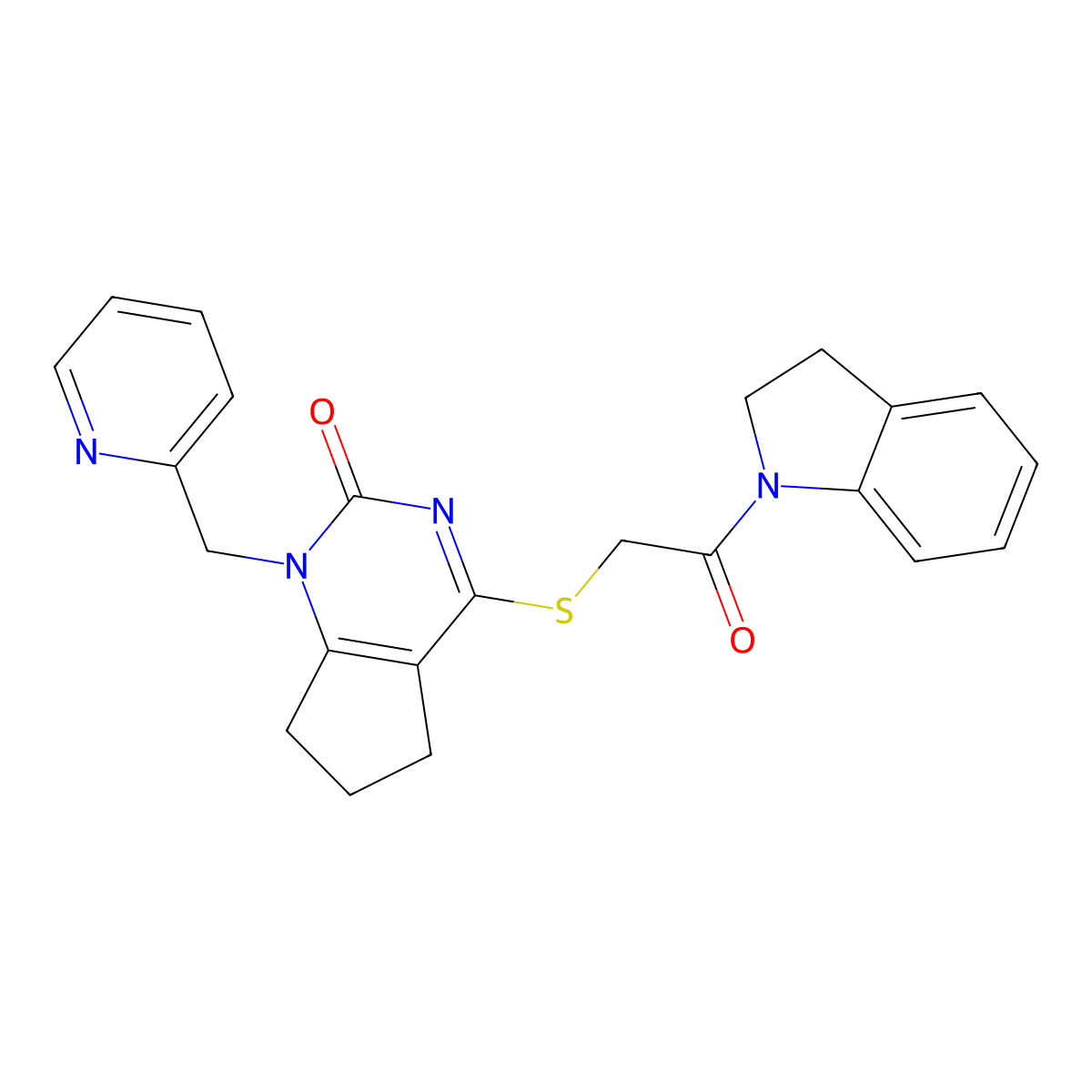 4-((2-(indolin-1-yl)-2-oxoethyl)thio)-1-(pyridin-2-ylmethyl)-6,7-dihydro-1H-cyclopenta[d]pyrimidin-2(5H)-one molecular structure, CAS 1115297-61-4