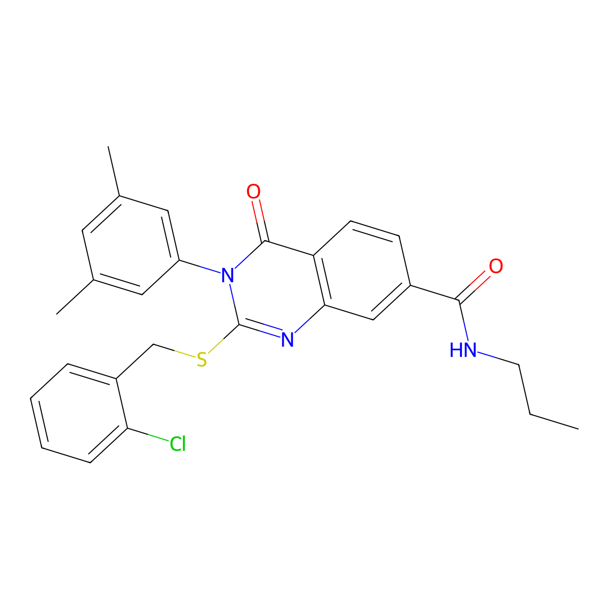 2-((2-chlorobenzyl)thio)-3-(3,5-dimethylphenyl)-4-oxo-N-propyl-3,4-dihydroquinazoline-7-carboxamide molecular structure, CAS 1115297-88-5