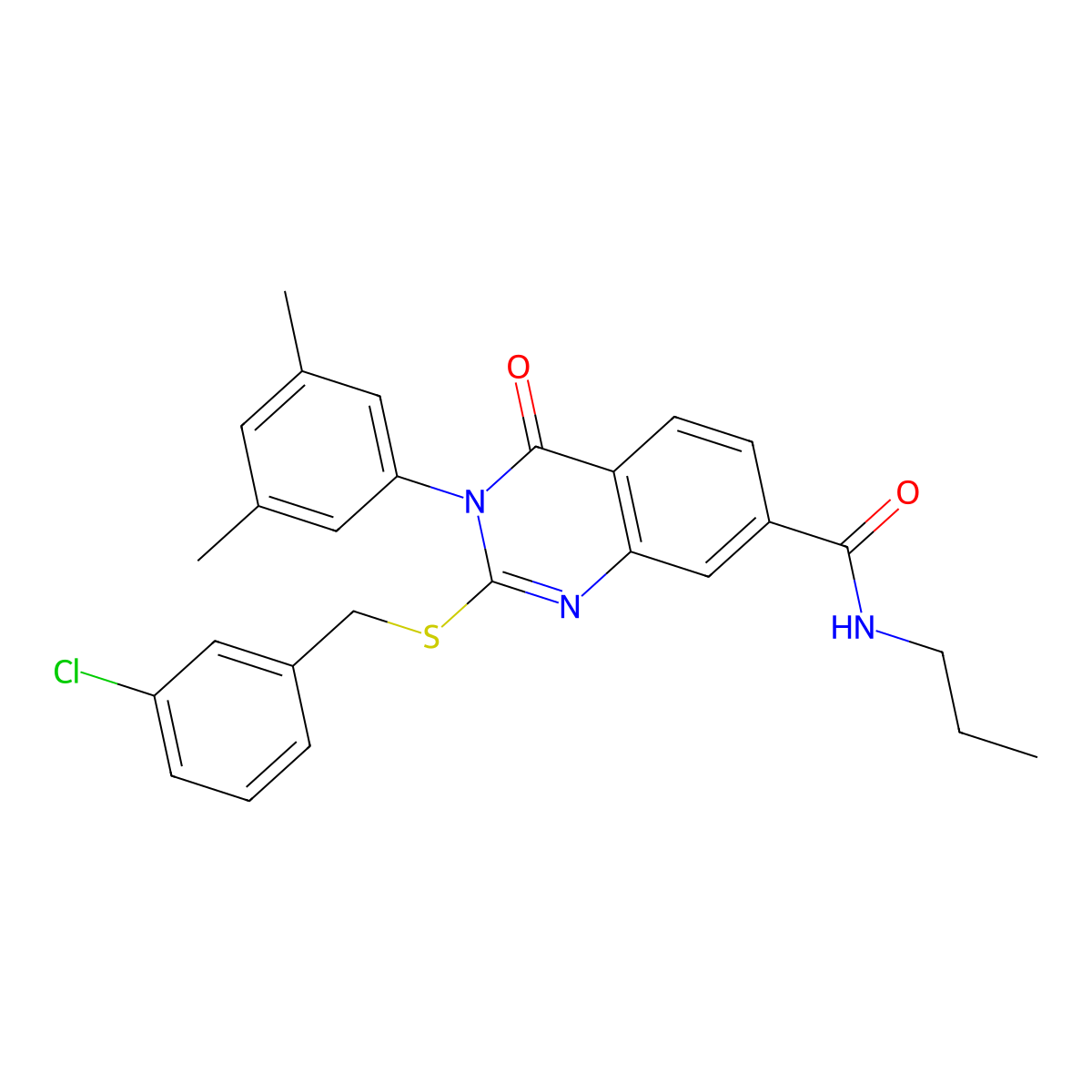 2-((3-chlorobenzyl)thio)-3-(3,5-dimethylphenyl)-4-oxo-N-propyl-3,4-dihydroquinazoline-7-carboxamide molecular structure, CAS 1115297-89-6