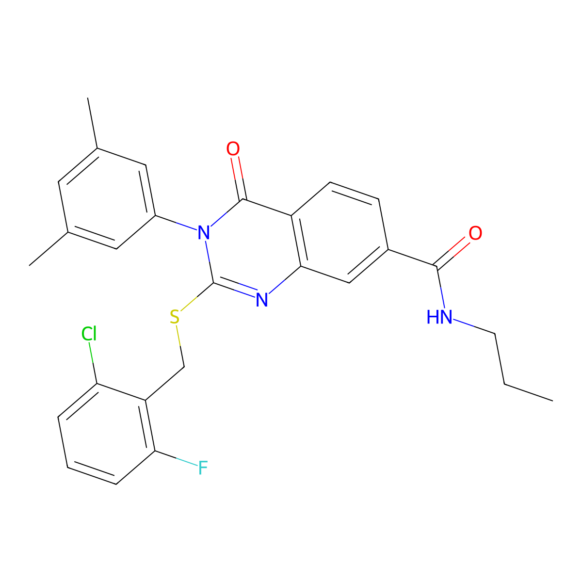 2-((2-chloro-6-fluorobenzyl)thio)-3-(3,5-dimethylphenyl)-4-oxo-N-propyl-3,4-dihydroquinazoline-7-carboxamide molecular structure, CAS 1115297-90-9
