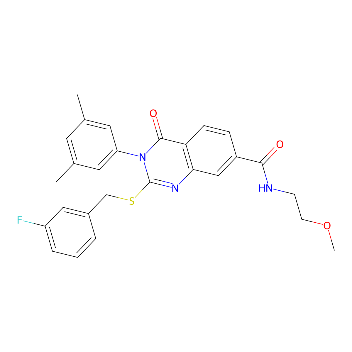 3-(3,5-dimethylphenyl)-2-((3-fluorobenzyl)thio)-N-(2-methoxyethyl)-4-oxo-3,4-dihydroquinazoline-7-carboxamide molecular structure, CAS 1115297-95-4