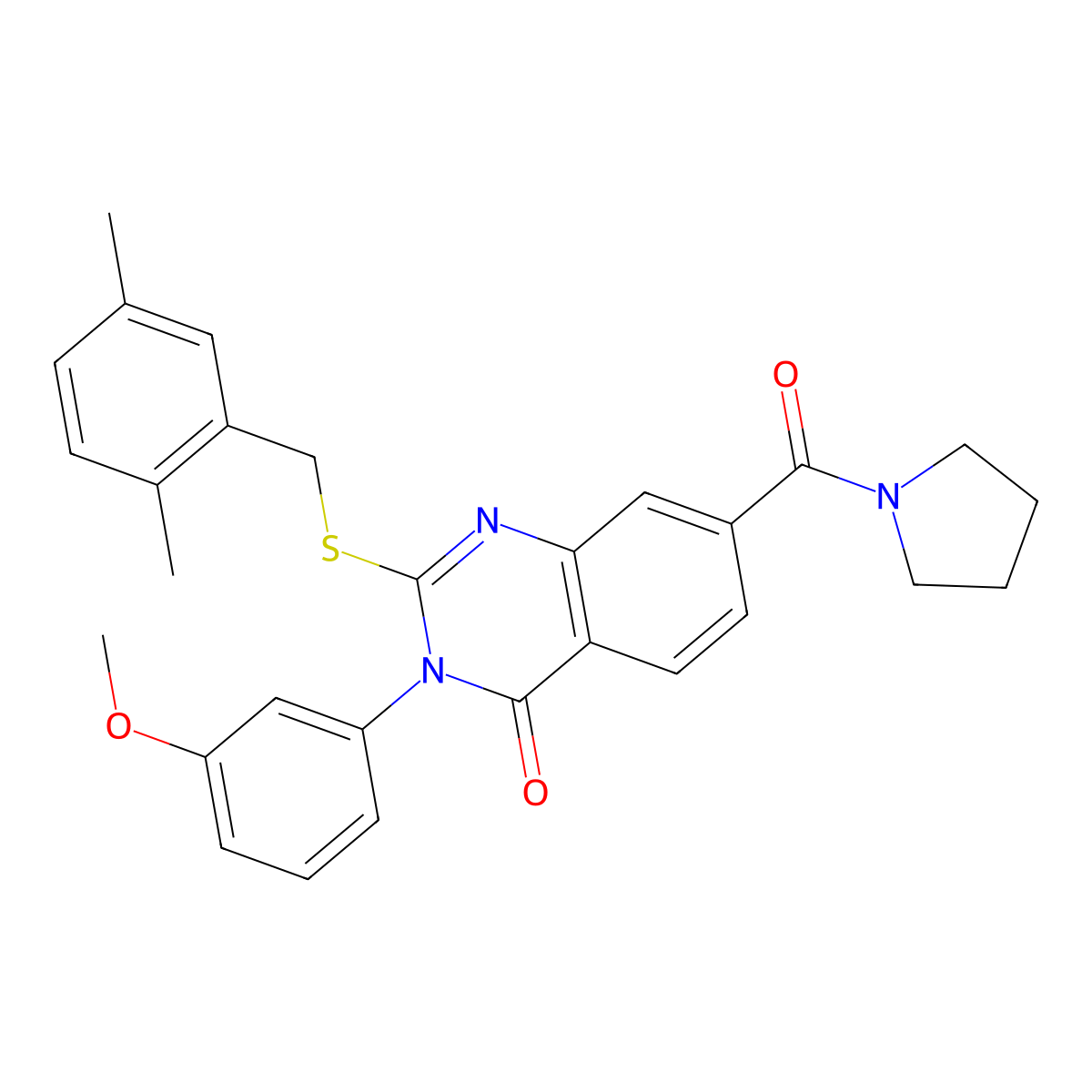 2-((2,5-dimethylbenzyl)thio)-3-(3-methoxyphenyl)-7-(pyrrolidine-1-carbonyl)quinazolin-4(3H)-one molecular structure, CAS 1115305-77-5