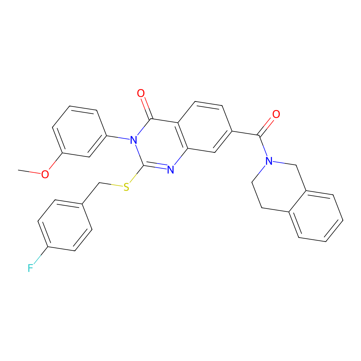 7-(3,4-dihydroisoquinolin-2(1H)-ylcarbonyl)-2-[(4-fluorobenzyl)thio]-3-(3-methoxyphenyl)quinazolin-4(3H)-one molecular structure, CAS 1115305-87-7