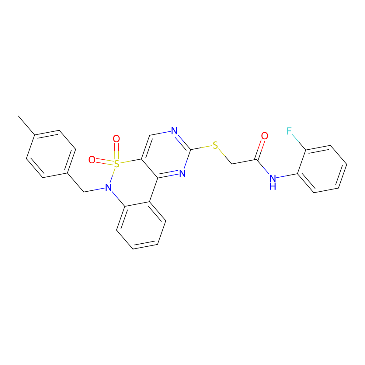 N-(2-fluorophenyl)-2-({9-[(4-methylphenyl)methyl]-8,8-dioxo-8lambda6-thia-3,5,9-triazatricyclo[8.4.0.0^{2,7}]tetradeca-1(14),2(7),3,5,10,12-hexaen-4-yl}sulfanyl)acetamide molecular structure, CAS 1115311-80-2