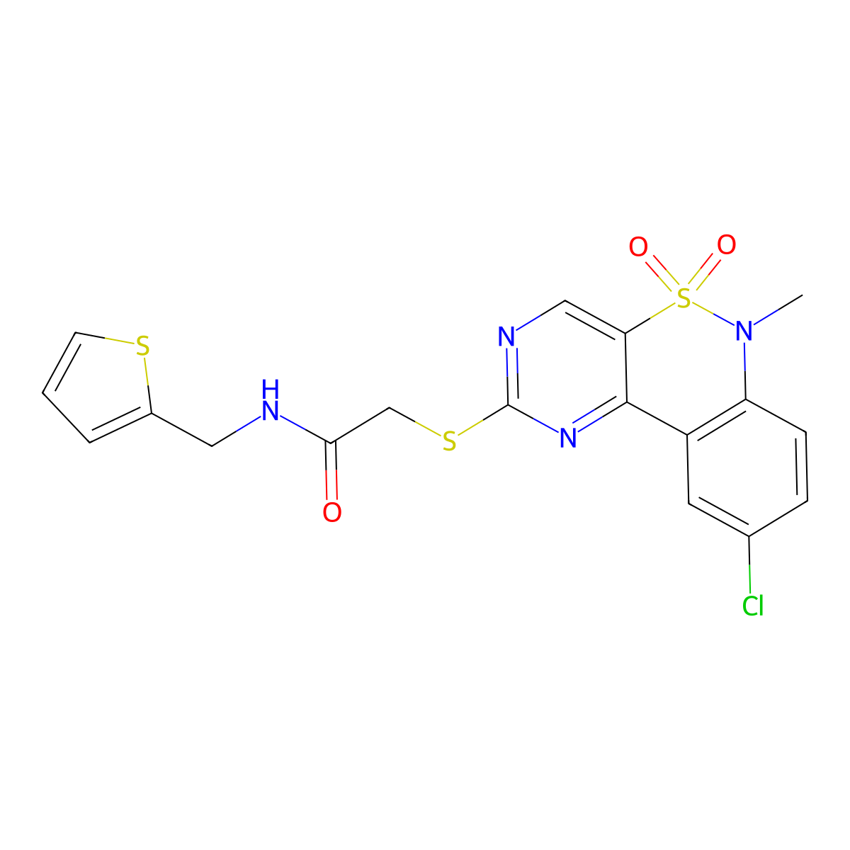 2-((9-chloro-6-methyl-5,5-dioxido-6H-benzo[c]pyrimido[4,5-e][1,2]thiazin-2-yl)thio)-N-(thiophen-2-ylmethyl)acetamide molecular structure, CAS 1115311-87-9