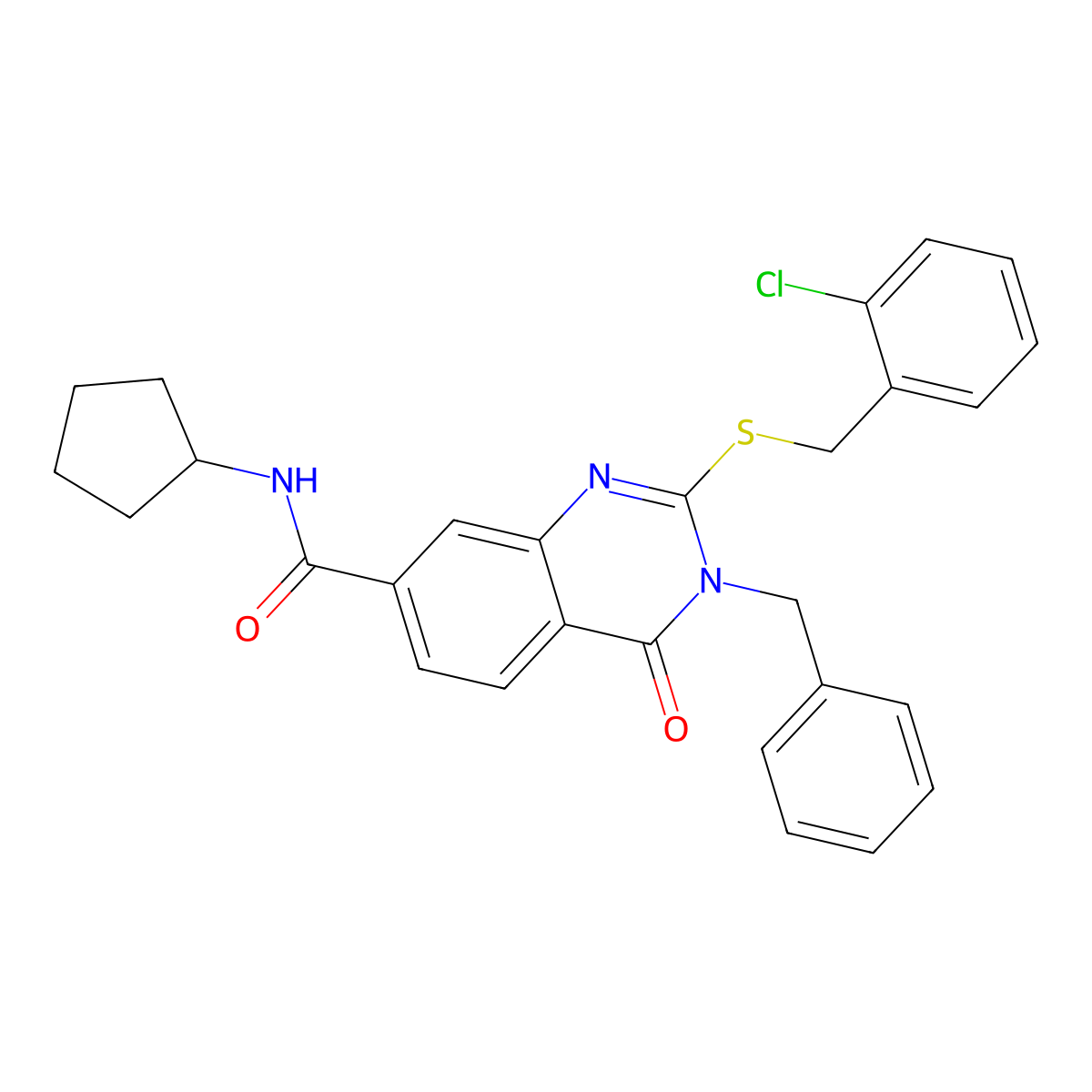 3-benzyl-2-((2-chlorobenzyl)thio)-N-cyclopentyl-4-oxo-3,4-dihydroquinazoline-7-carboxamide molecular structure, CAS 1115313-65-9
