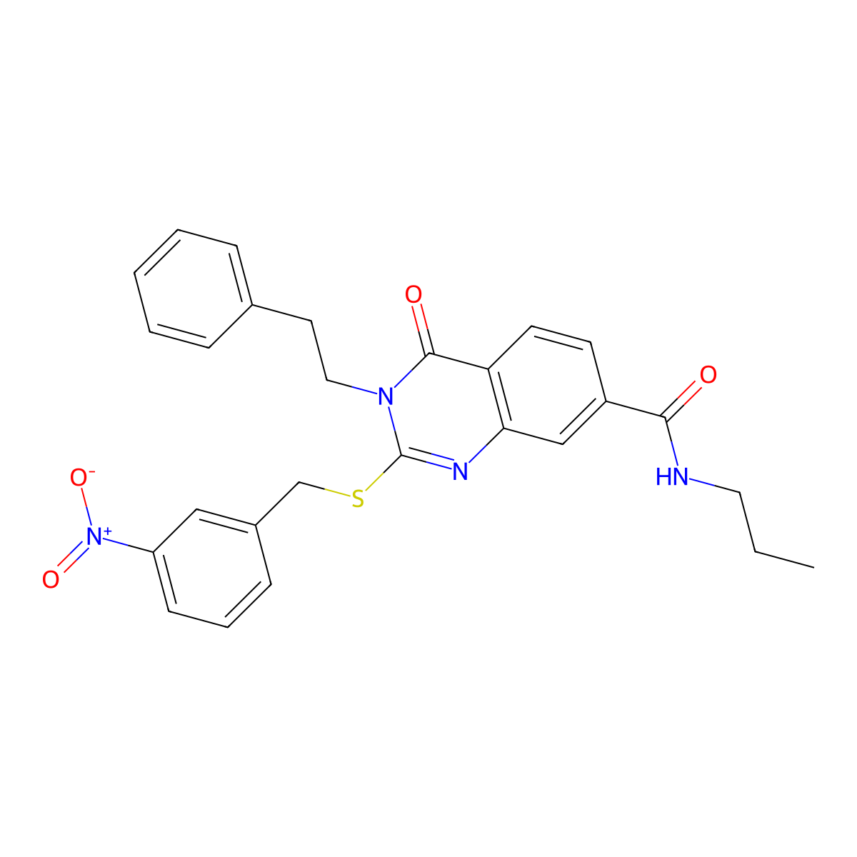 2-((3-nitrobenzyl)thio)-4-oxo-3-phenethyl-N-propyl-3,4-dihydroquinazoline-7-carboxamide molecular structure, CAS 1115313-72-8