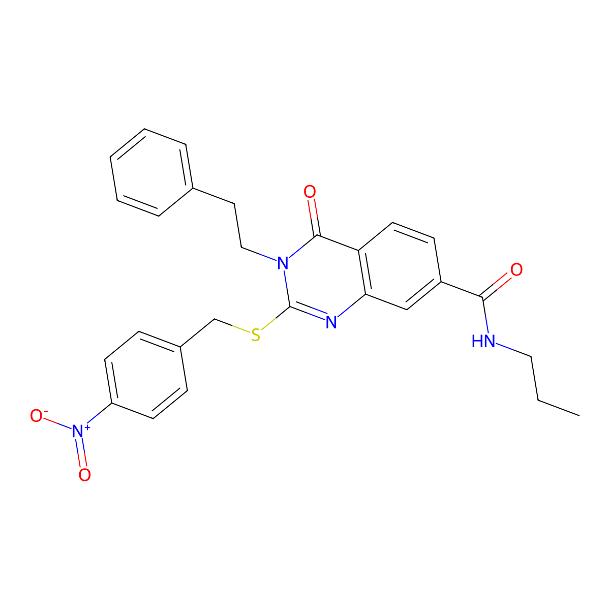 2-((4-nitrobenzyl)thio)-4-oxo-3-phenethyl-N-propyl-3,4-dihydroquinazoline-7-carboxamide molecular structure, CAS 1115313-74-0