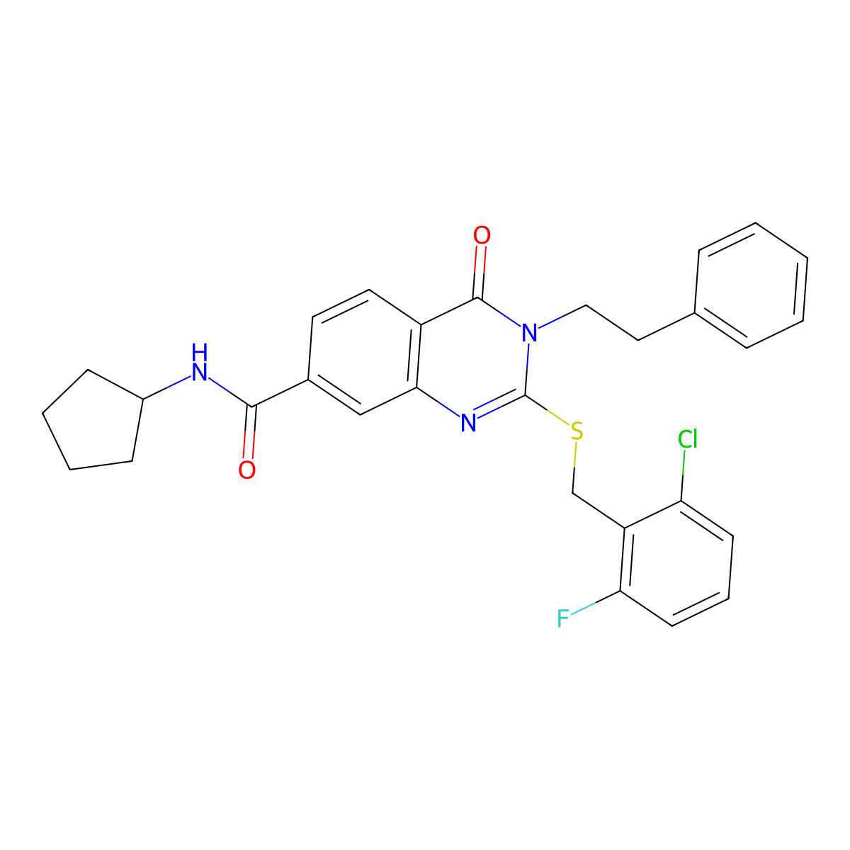 2-((2-chloro-6-fluorobenzyl)thio)-N-cyclopentyl-4-oxo-3-phenethyl-3,4-dihydroquinazoline-7-carboxamide molecular structure, CAS 1115313-85-3