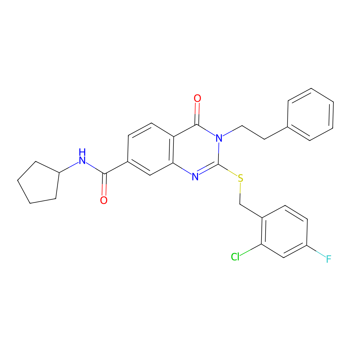 2-((2-chloro-4-fluorobenzyl)thio)-N-cyclopentyl-4-oxo-3-phenethyl-3,4-dihydroquinazoline-7-carboxamide molecular structure, CAS 1115313-86-4