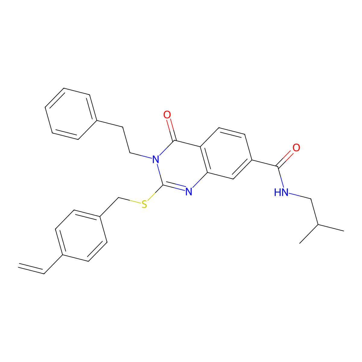 N-isobutyl-4-oxo-3-phenethyl-2-((4-vinylbenzyl)thio)-3,4-dihydroquinazoline-7-carboxamide molecular structure, CAS 1115313-92-2