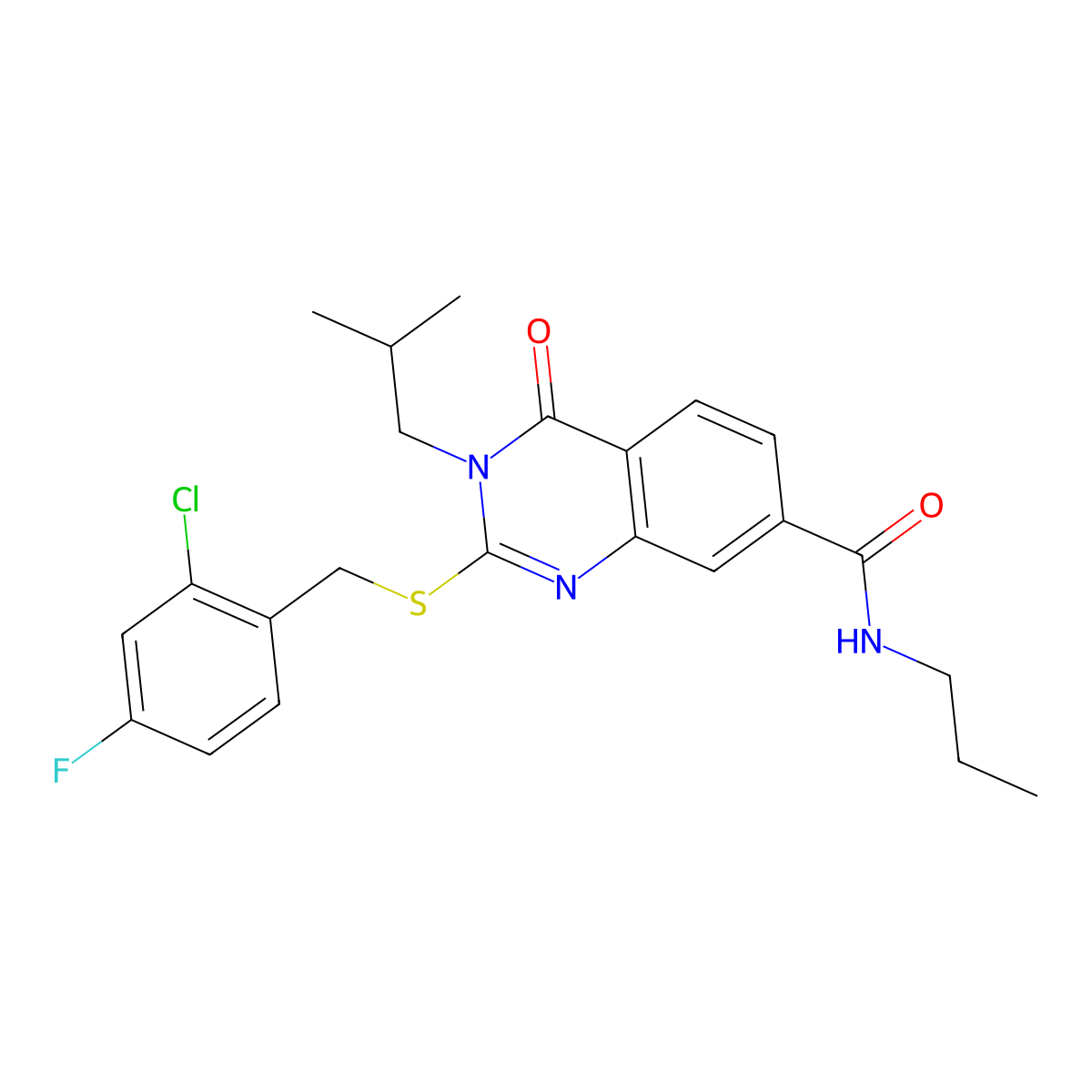 2-((2-chloro-4-fluorobenzyl)thio)-3-isobutyl-4-oxo-N-propyl-3,4-dihydroquinazoline-7-carboxamide molecular structure, CAS 1115314-03-8