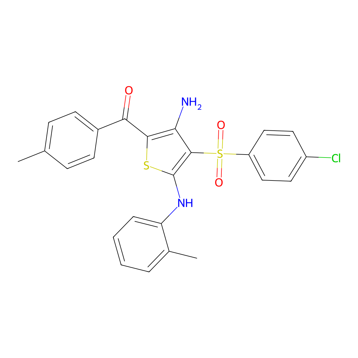 (3-Amino-4-((4-chlorophenyl)sulfonyl)-5-(o-tolylamino)thiophen-2-yl)(p-tolyl)methanone molecular structure, CAS 1115322-99-0