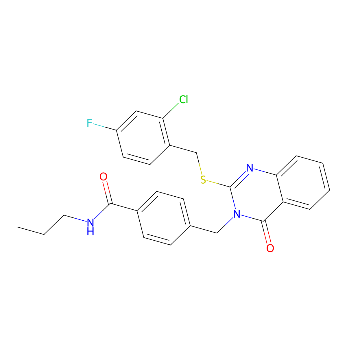 4-((2-((2-chloro-4-fluorobenzyl)thio)-4-oxoquinazolin-3(4H)-yl)methyl)-N-propylbenzamide molecular structure, CAS 1115323-60-8