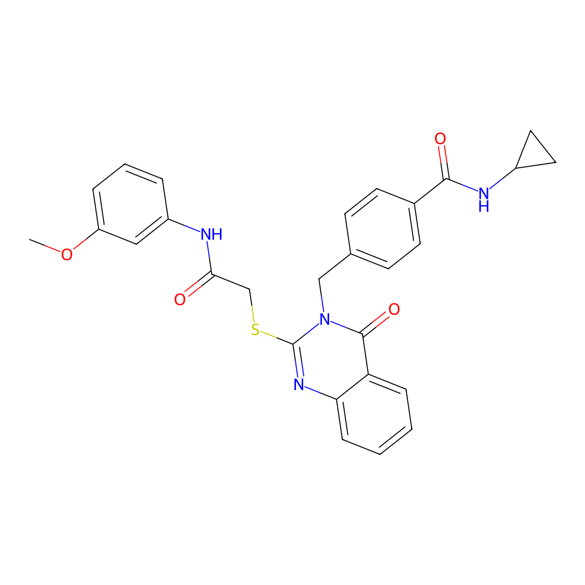 N-cyclopropyl-4-{[2-({[(3-methoxyphenyl)carbamoyl]methyl}sulfanyl)-4-oxo-3,4-dihydroquinazolin-3-yl]methyl}benzamide molecular structure, CAS 1115323-97-1
