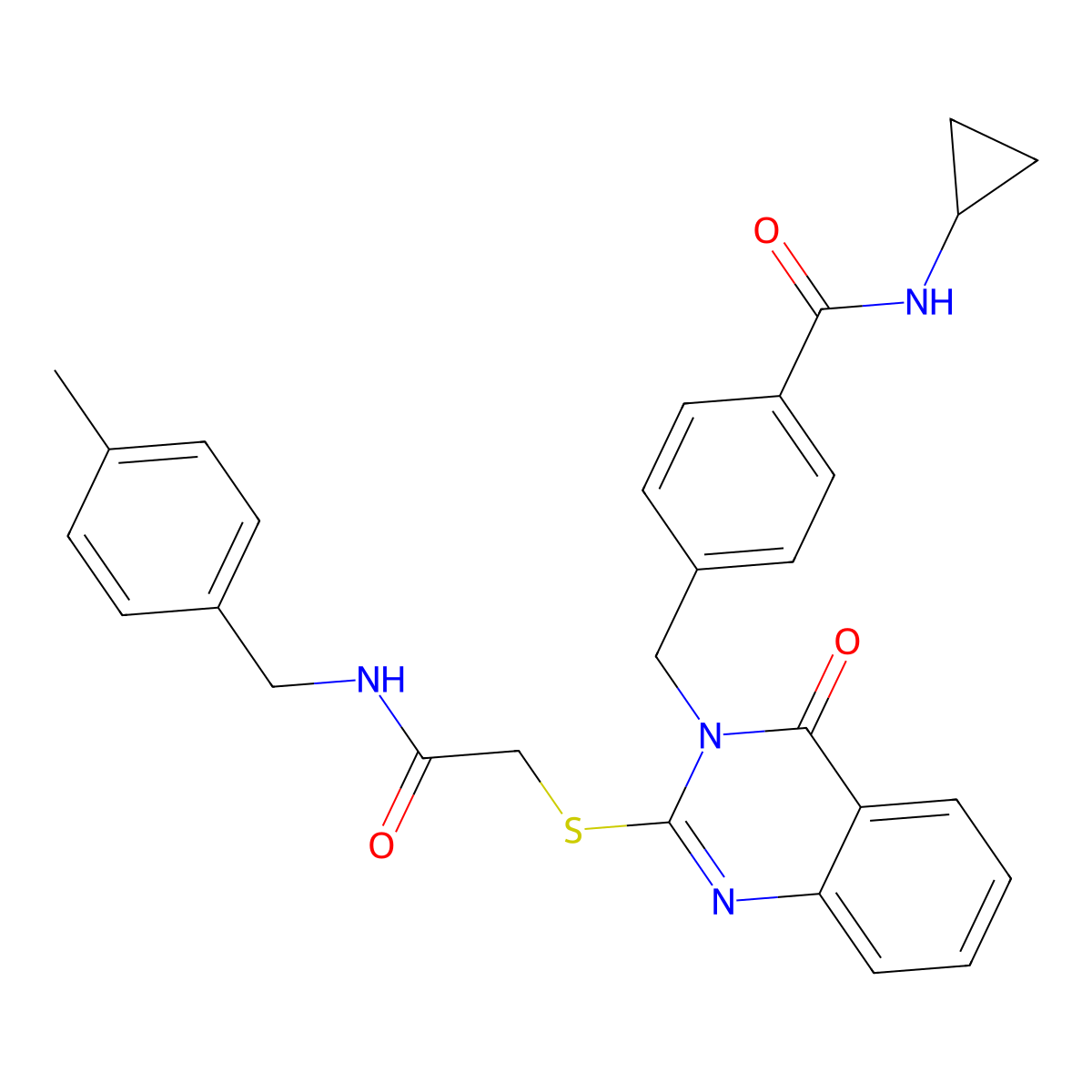 N-cyclopropyl-4-((2-((2-((4-methylbenzyl)amino)-2-oxoethyl)thio)-4-oxoquinazolin-3(4H)-yl)methyl)benzamide molecular structure, CAS 1115323-99-3