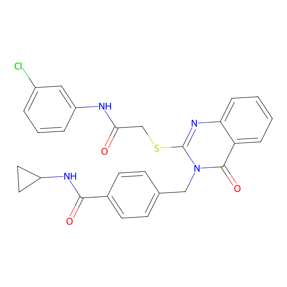 4-((2-((2-((3-chlorophenyl)amino)-2-oxoethyl)thio)-4-oxoquinazolin-3(4H)-yl)methyl)-N-cyclopropylbenzamide molecular structure, CAS 1115324-00-9