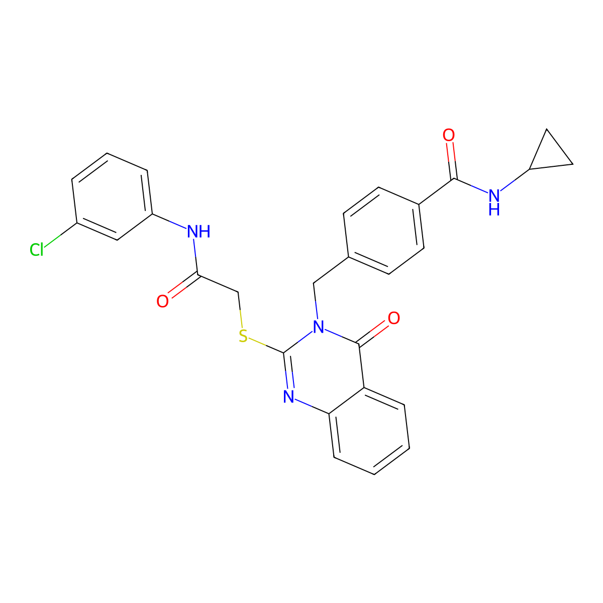 4-((2-((2-((3-chlorophenyl)amino)-2-oxoethyl)thio)-4-oxoquinazolin-3(4H)-yl)methyl)-N-cyclopropylbenzamide molecular structure, CAS 1115324-00-9