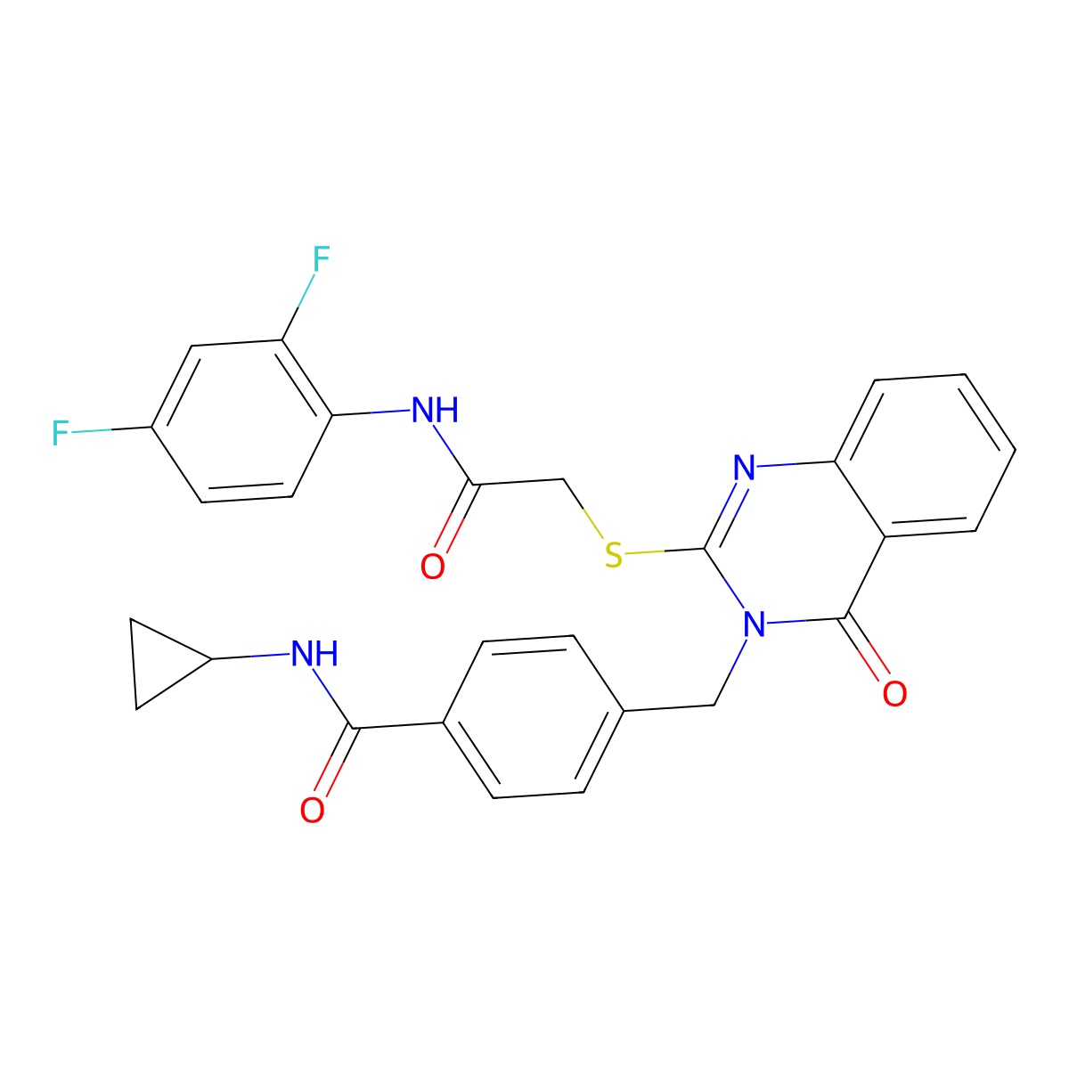 N-cyclopropyl-4-((2-((2-((2,4-difluorophenyl)amino)-2-oxoethyl)thio)-4-oxoquinazolin-3(4H)-yl)methyl)benzamide molecular structure, CAS 1115324-01-0