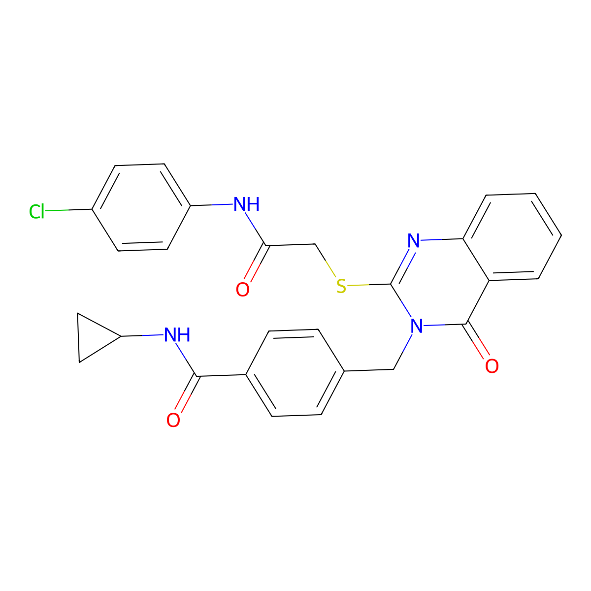 4-((2-((2-((4-chlorophenyl)amino)-2-oxoethyl)thio)-4-oxoquinazolin-3(4H)-yl)methyl)-N-cyclopropylbenzamide molecular structure, CAS 1115324-03-2