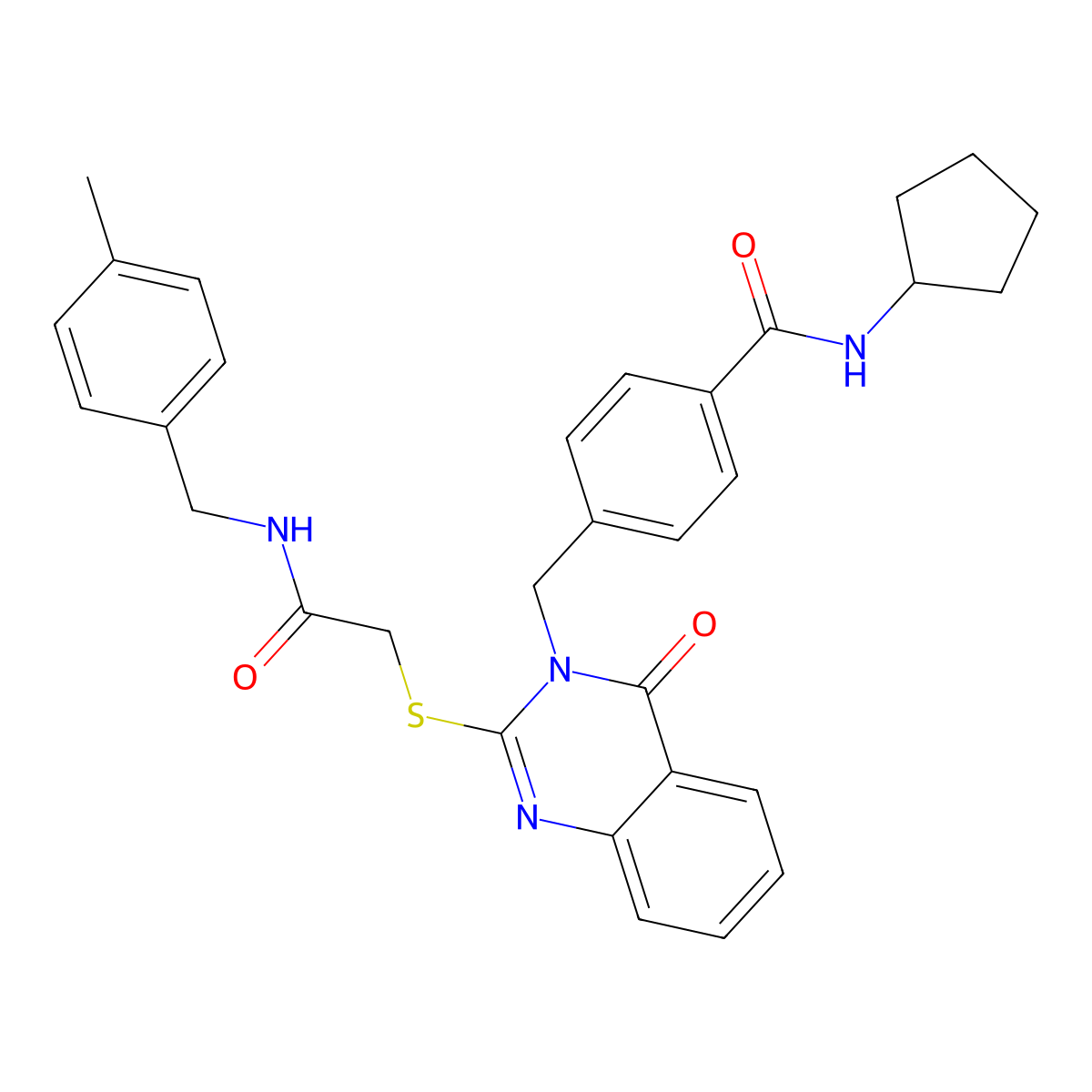 N-cyclopentyl-4-({2-[({[(4-methylphenyl)methyl]carbamoyl}methyl)sulfanyl]-4-oxo-3,4-dihydroquinazolin-3-yl}methyl)benzamide molecular structure, CAS 1115324-10-1