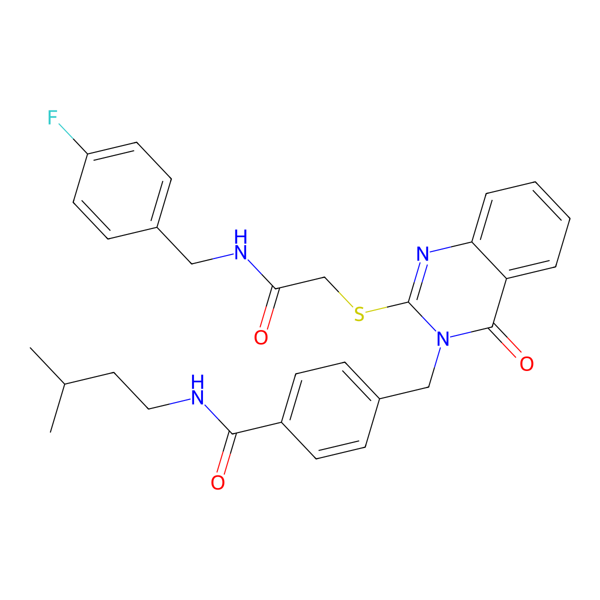 4-((2-((2-((4-fluorobenzyl)amino)-2-oxoethyl)thio)-4-oxoquinazolin-3(4H)-yl)methyl)-N-isopentylbenzamide molecular structure, CAS 1115324-22-5