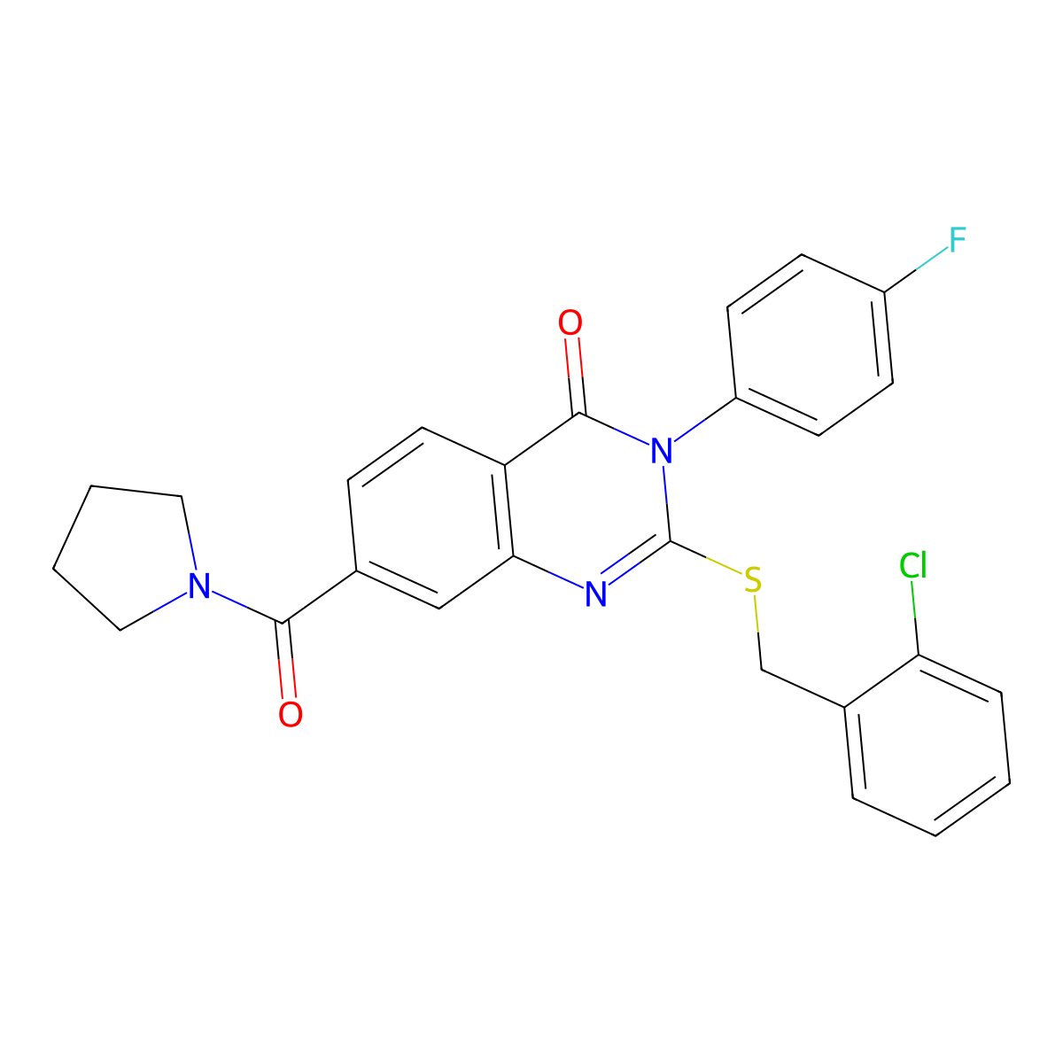 2-((2-chlorobenzyl)thio)-3-(4-fluorophenyl)-7-(pyrrolidine-1-carbonyl)quinazolin-4(3H)-one molecular structure, CAS 1115332-06-3