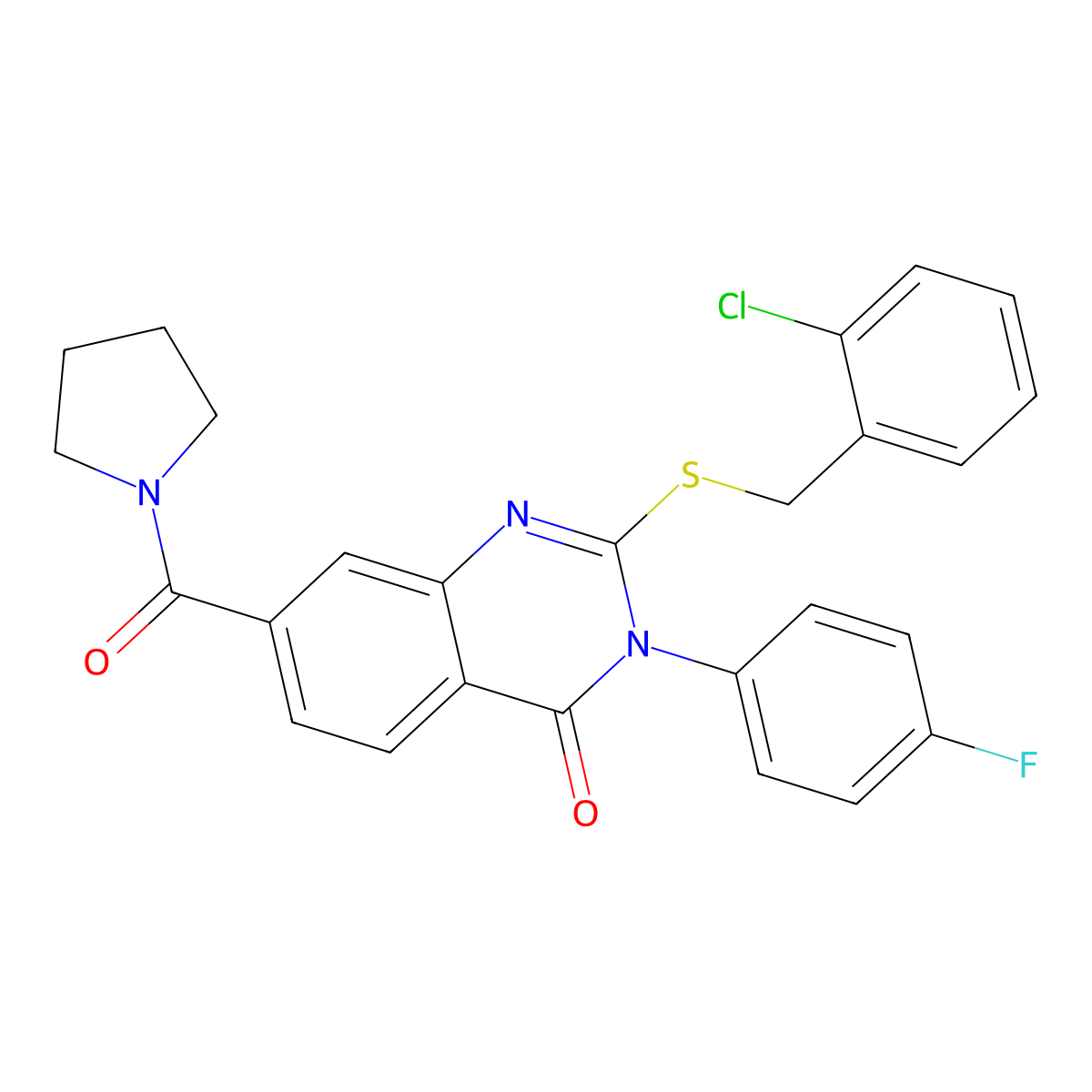 2-((2-chlorobenzyl)thio)-3-(4-fluorophenyl)-7-(pyrrolidine-1-carbonyl)quinazolin-4(3H)-one molecular structure, CAS 1115332-06-3