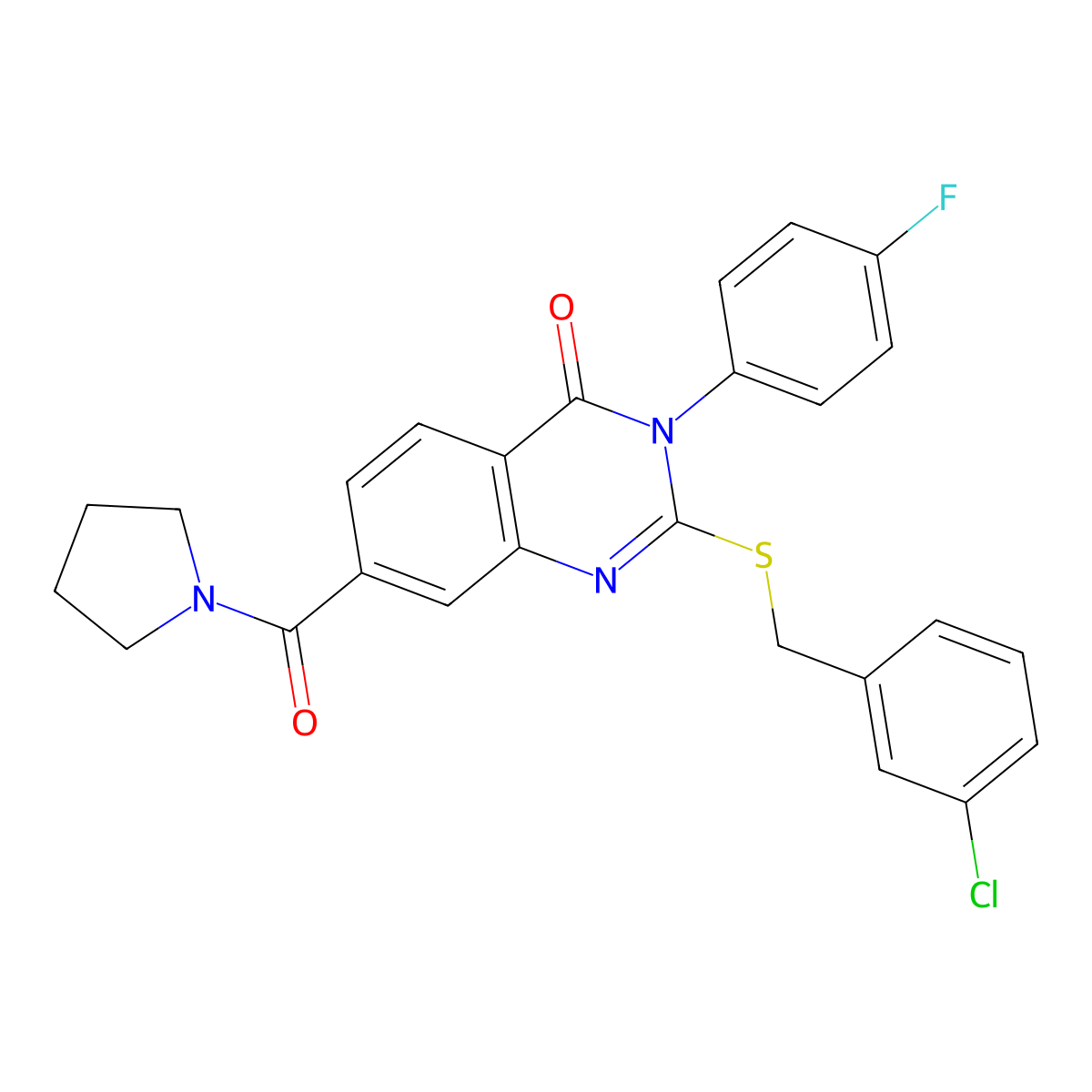 2-((3-chlorobenzyl)thio)-3-(4-fluorophenyl)-7-(pyrrolidine-1-carbonyl)quinazolin-4(3H)-one molecular structure, CAS 1115332-07-4