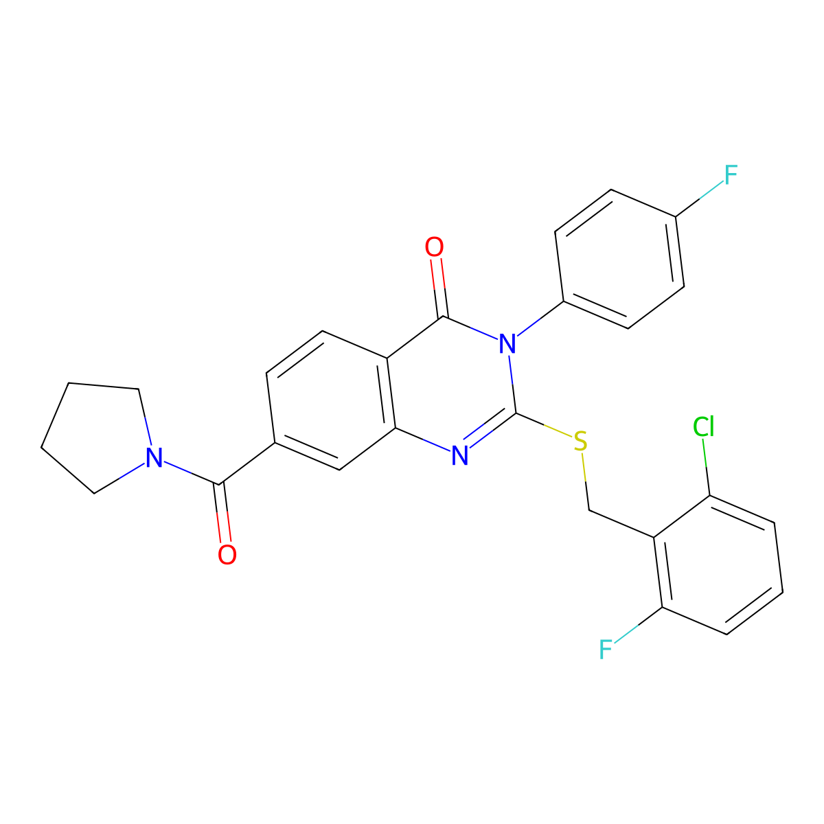 2-((2-chloro-6-fluorobenzyl)thio)-3-(4-fluorophenyl)-7-(pyrrolidine-1-carbonyl)quinazolin-4(3H)-one molecular structure, CAS 1115332-08-5