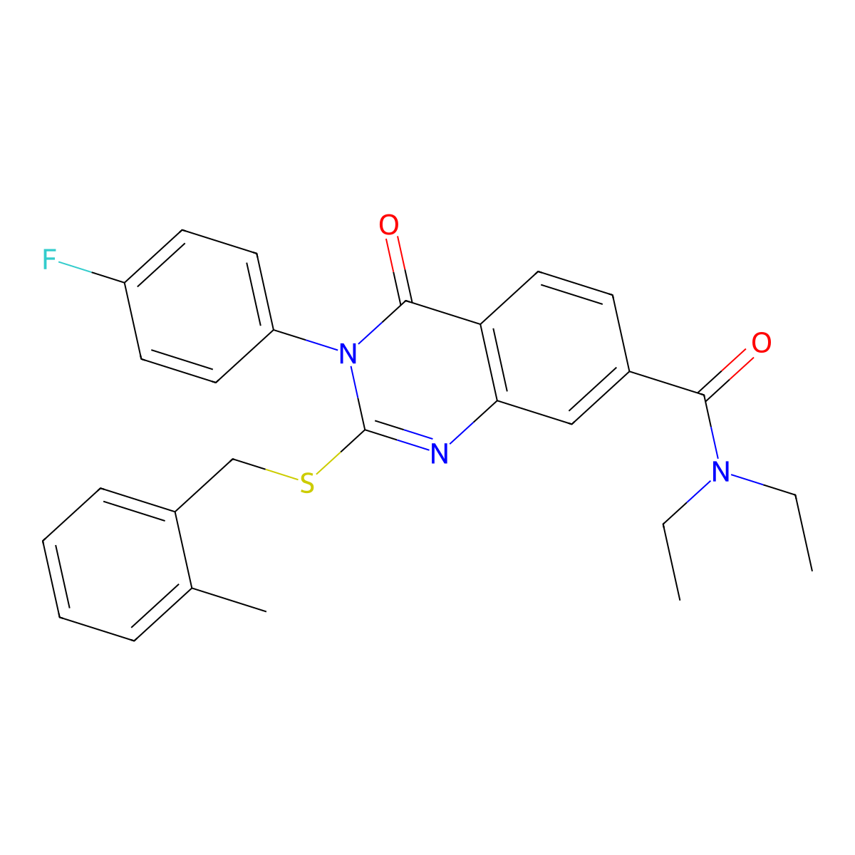 N,N-diethyl-3-(4-fluorophenyl)-2-((2-methylbenzyl)thio)-4-oxo-3,4-dihydroquinazoline-7-carboxamide molecular structure, CAS 1115332-23-4
