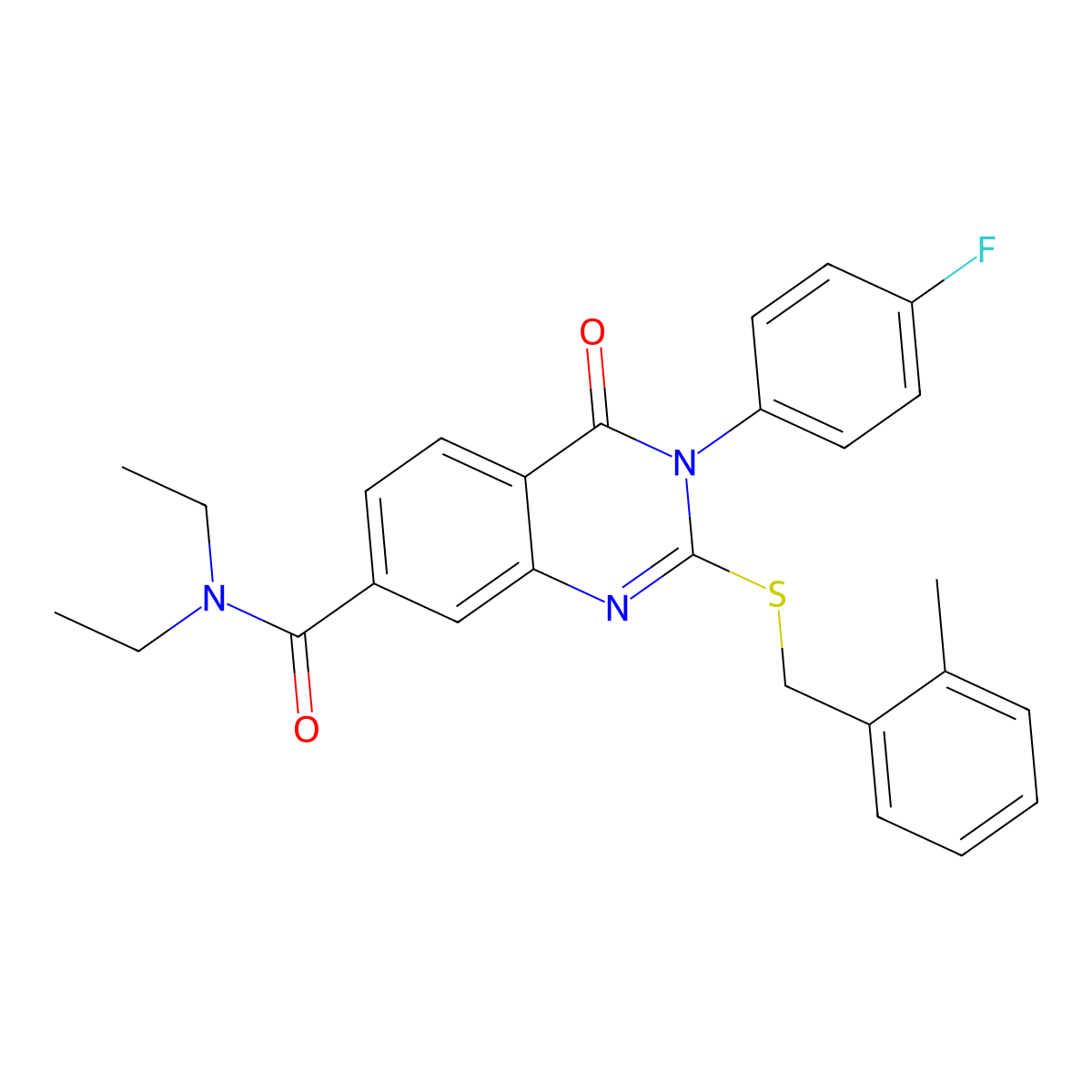 N,N-diethyl-3-(4-fluorophenyl)-2-((2-methylbenzyl)thio)-4-oxo-3,4-dihydroquinazoline-7-carboxamide molecular structure, CAS 1115332-23-4