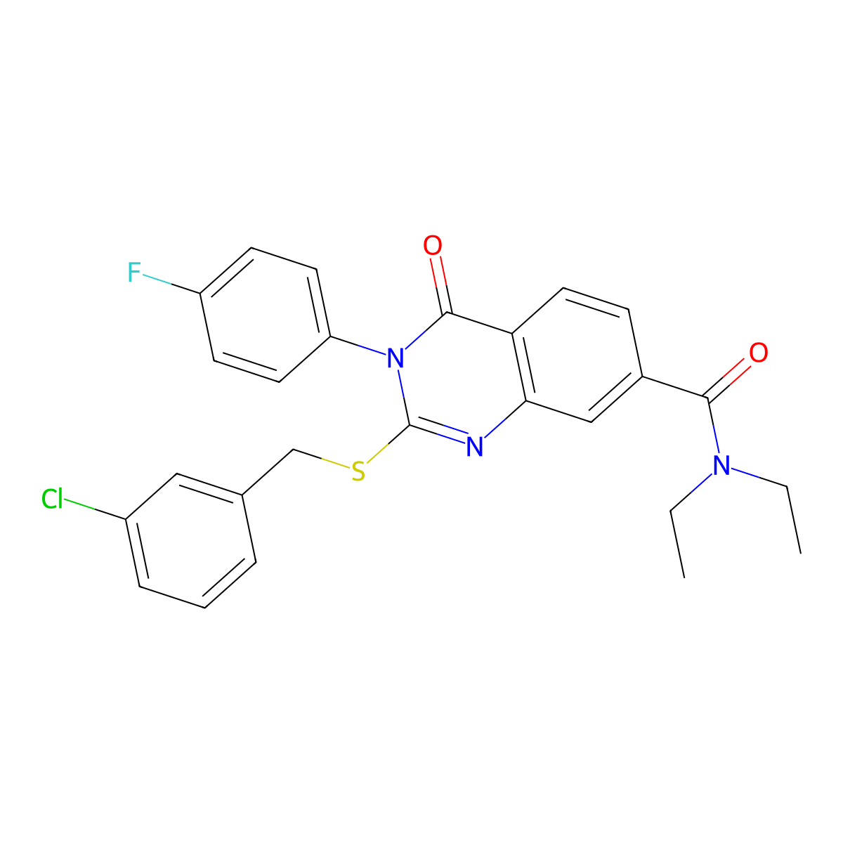 2-((3-chlorobenzyl)thio)-N,N-diethyl-3-(4-fluorophenyl)-4-oxo-3,4-dihydroquinazoline-7-carboxamide molecular structure, CAS 1115332-24-5