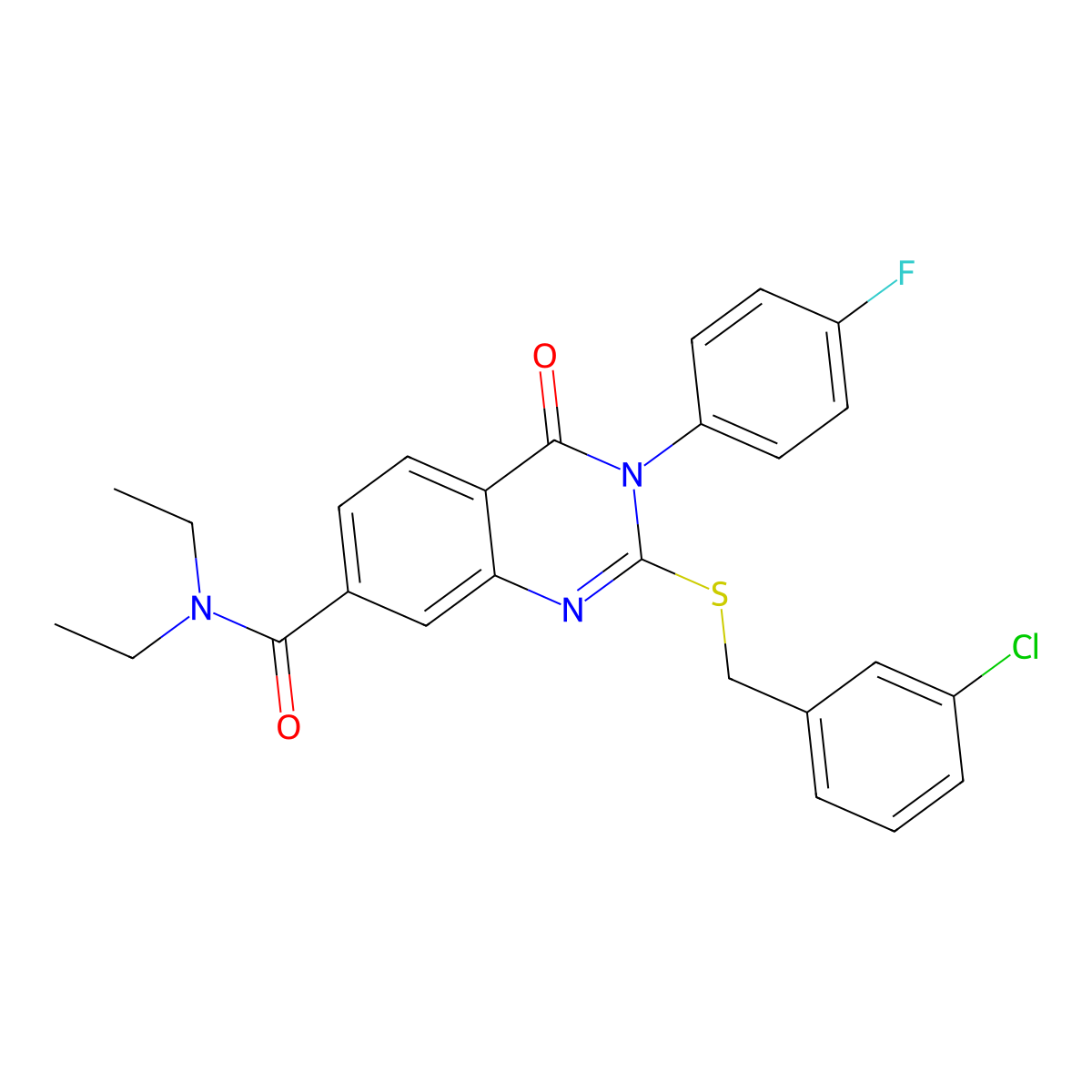 2-((3-chlorobenzyl)thio)-N,N-diethyl-3-(4-fluorophenyl)-4-oxo-3,4-dihydroquinazoline-7-carboxamide molecular structure, CAS 1115332-24-5