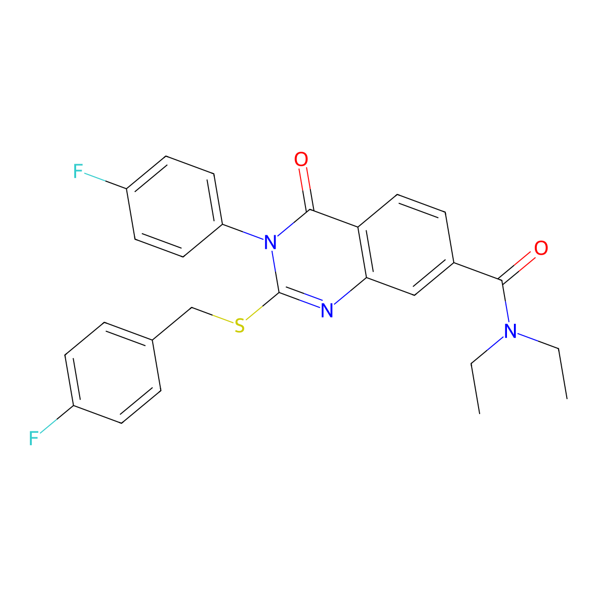 N,N-diethyl-2-((4-fluorobenzyl)thio)-3-(4-fluorophenyl)-4-oxo-3,4-dihydroquinazoline-7-carboxamide molecular structure, CAS 1115332-26-7