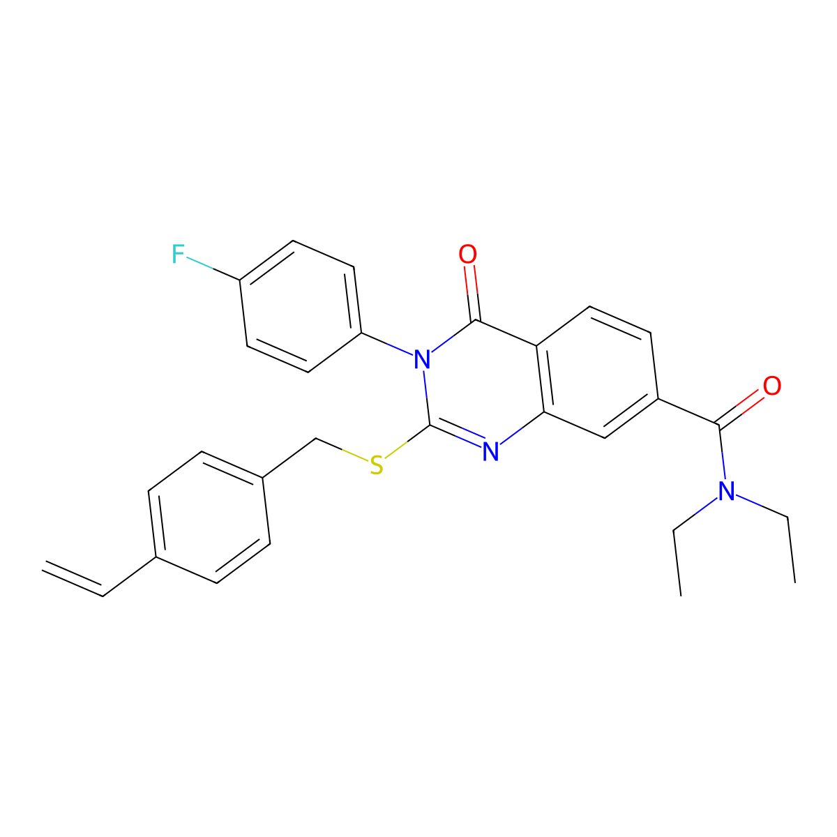 N,N-diethyl-3-(4-fluorophenyl)-4-oxo-2-((4-vinylbenzyl)thio)-3,4-dihydroquinazoline-7-carboxamide molecular structure, CAS 1115332-27-8