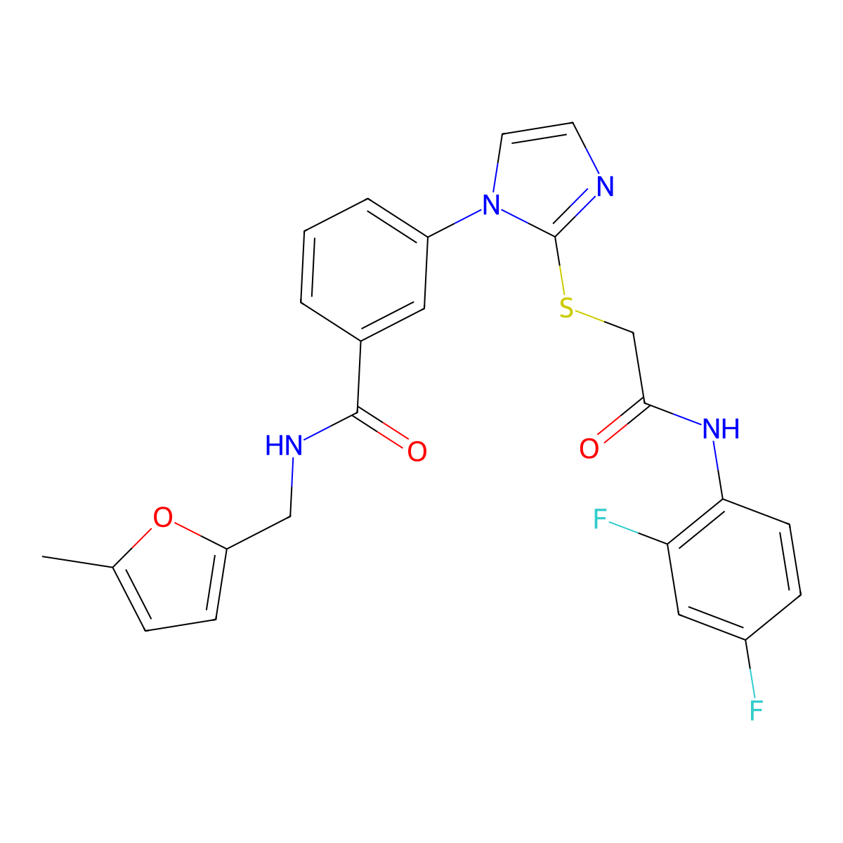 3-[2-({[(2,4-difluorophenyl)carbamoyl]methyl}sulfanyl)-1H-imidazol-1-yl]-N-[(5-methylfuran-2-yl)methyl]benzamide molecular structure, CAS 1115336-06-5