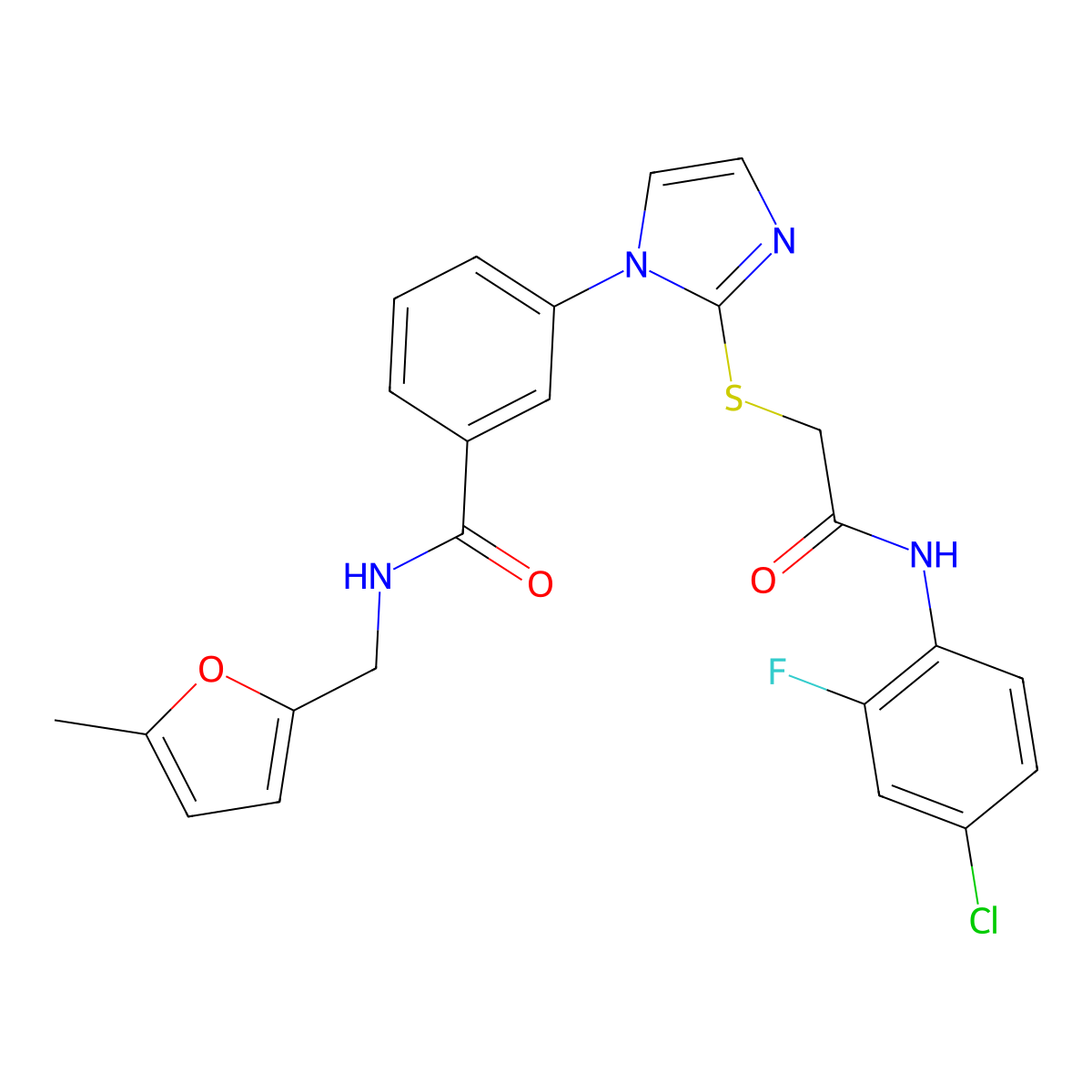 3-(2-((2-((4-chloro-2-fluorophenyl)amino)-2-oxoethyl)thio)-1H-imidazol-1-yl)-N-((5-methylfuran-2-yl)methyl)benzamide molecular structure, CAS 1115336-07-6