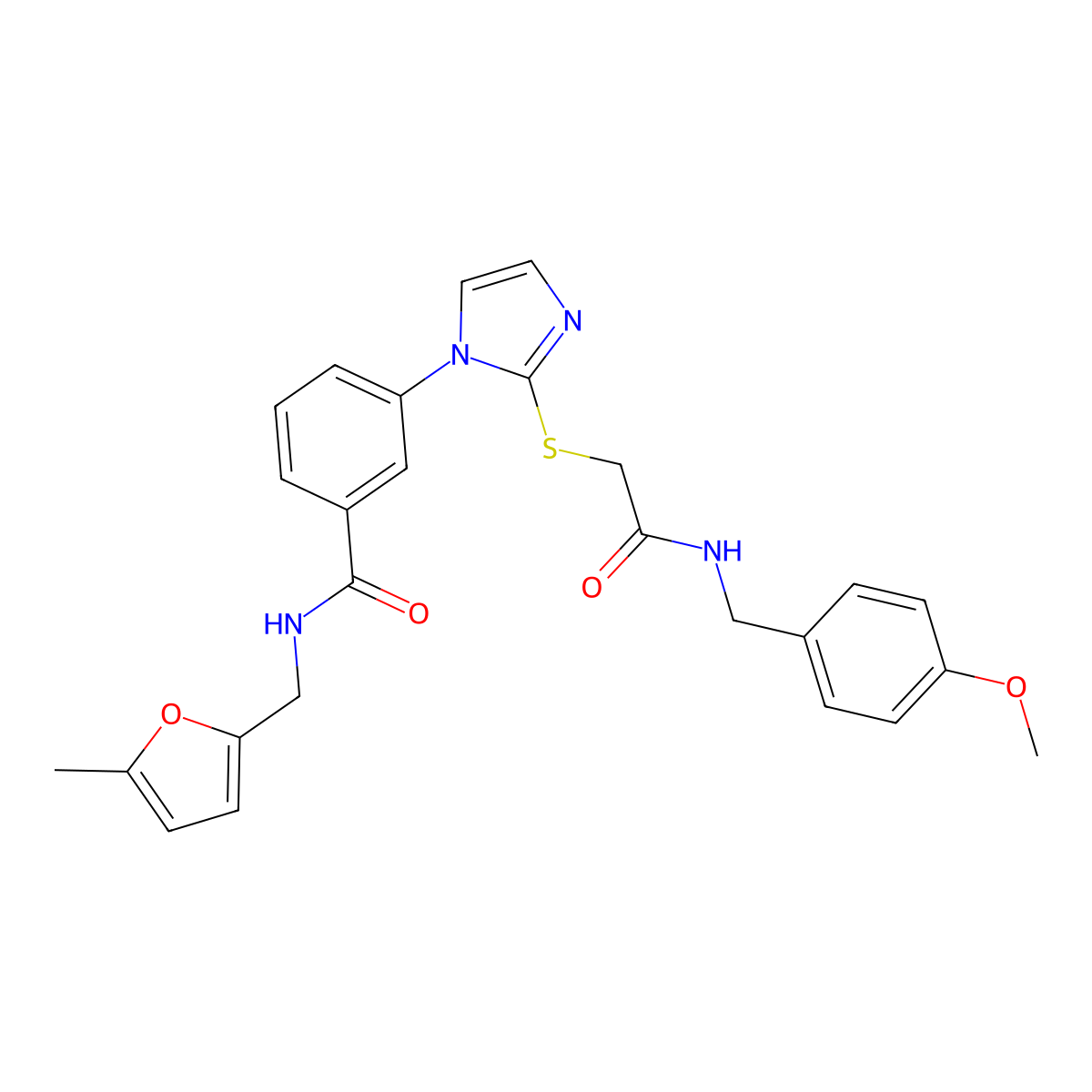 3-{2-[({[(4-methoxyphenyl)methyl]carbamoyl}methyl)sulfanyl]-1H-imidazol-1-yl}-N-[(5-methylfuran-2-yl)methyl]benzamide molecular structure, CAS 1115336-10-1