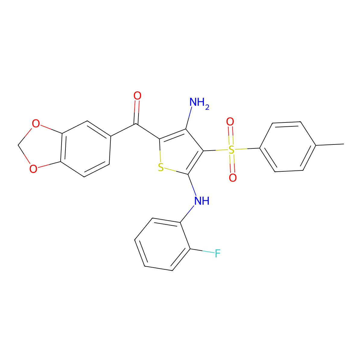 (3-Amino-5-((2-fluorophenyl)amino)-4-tosylthiophen-2-yl)(benzo[d][1,3]dioxol-5-yl)methanone molecular structure, CAS 1115337-77-3