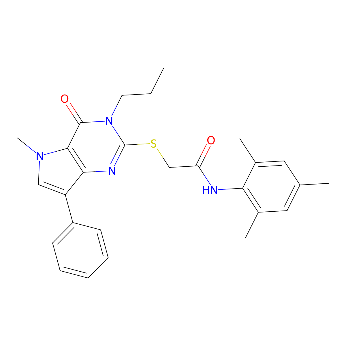 N-mesityl-2-((5-methyl-4-oxo-7-phenyl-3-propyl-4,5-dihydro-3H-pyrrolo[3,2-d]pyrimidin-2-yl)thio)acetamide molecular structure, CAS 1115338-37-8