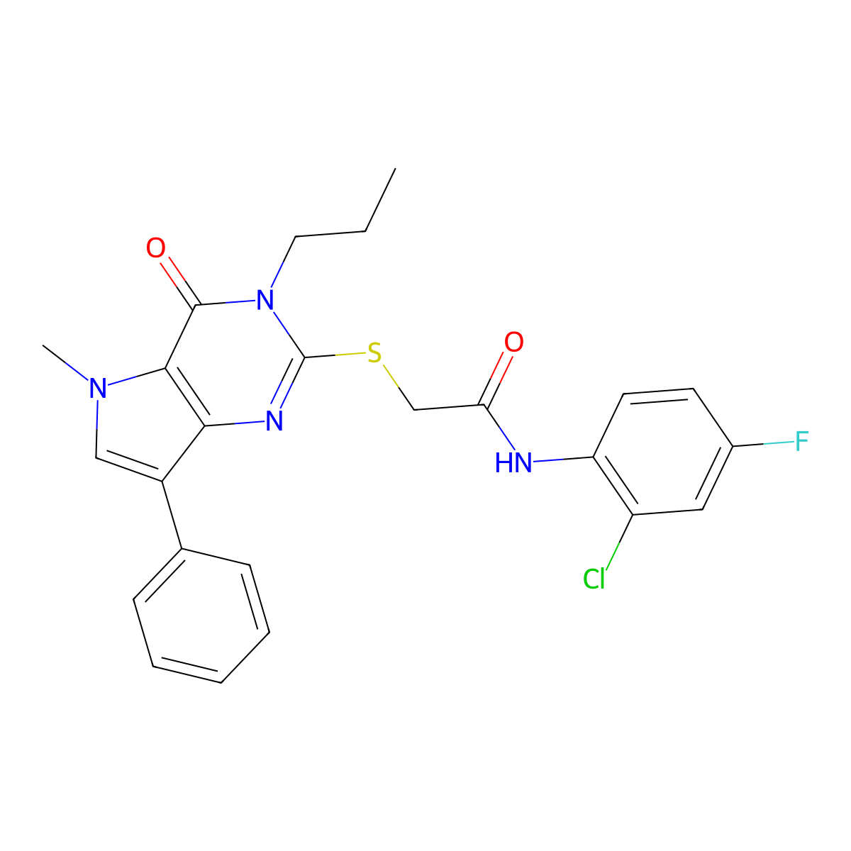 N-(2-chloro-4-fluorophenyl)-2-((5-methyl-4-oxo-7-phenyl-3-propyl-4,5-dihydro-3H-pyrrolo[3,2-d]pyrimidin-2-yl)thio)acetamide molecular structure, CAS 1115338-38-9