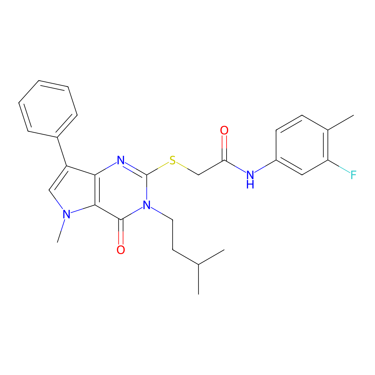 N-(3-fluoro-4-methylphenyl)-2-((3-isopentyl-5-methyl-4-oxo-7-phenyl-4,5-dihydro-3H-pyrrolo[3,2-d]pyrimidin-2-yl)thio)acetamide molecular structure, CAS 1115338-58-3
