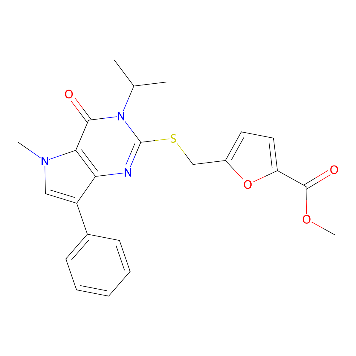 methyl 5-({[5-methyl-4-oxo-7-phenyl-3-(propan-2-yl)-3H,4H,5H-pyrrolo[3,2-d]pyrimidin-2-yl]sulfanyl}methyl)furan-2-carboxylate molecular structure, CAS 1115338-74-3